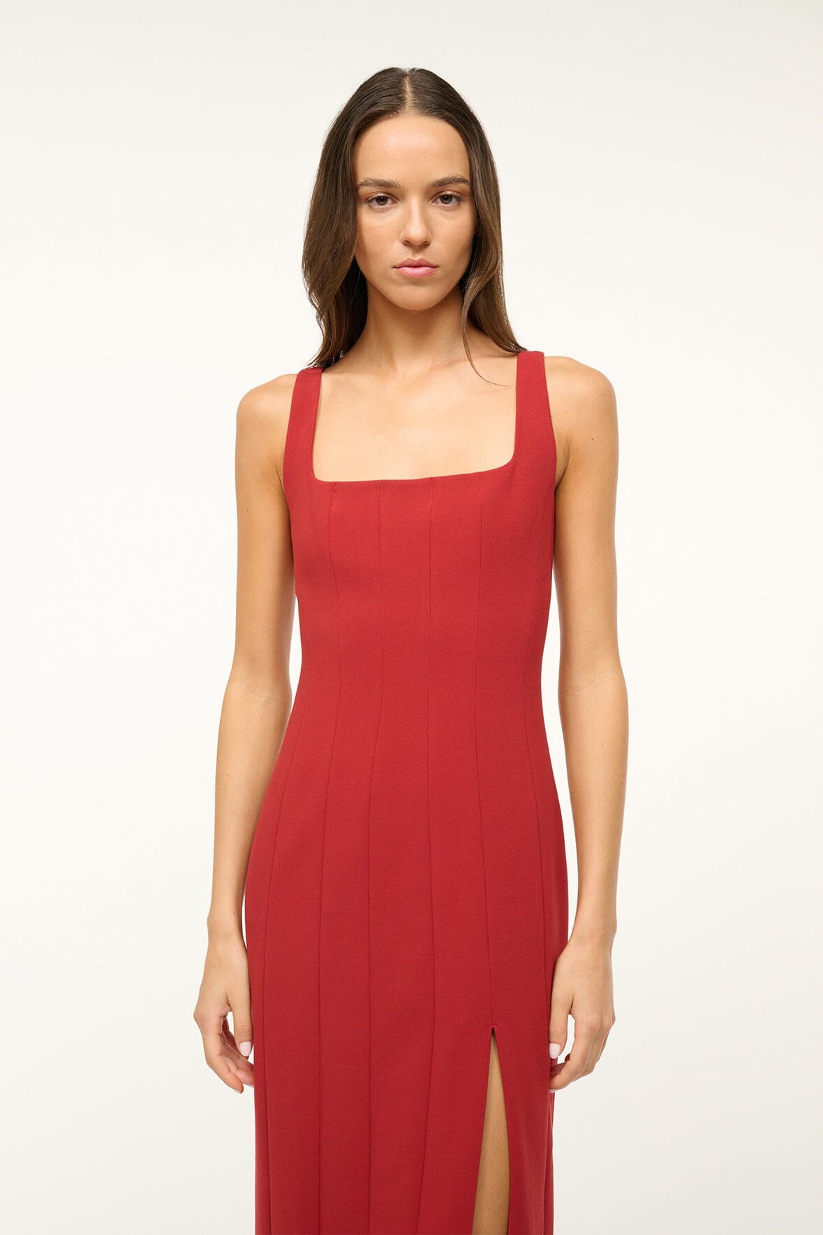 Rouge Ankle Length Sleeveless Column Dress with Thigh Slit