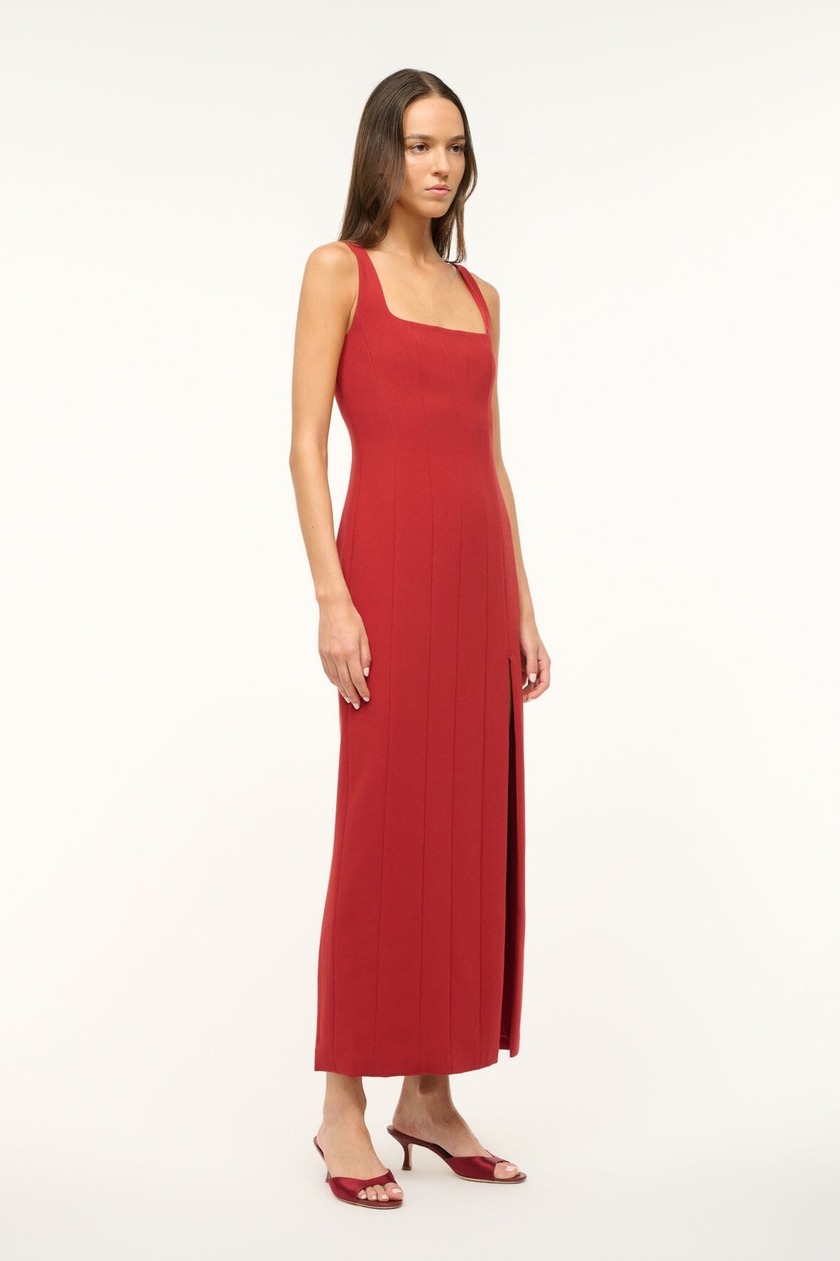 Rouge Ankle Length Sleeveless Column Dress with Thigh Slit