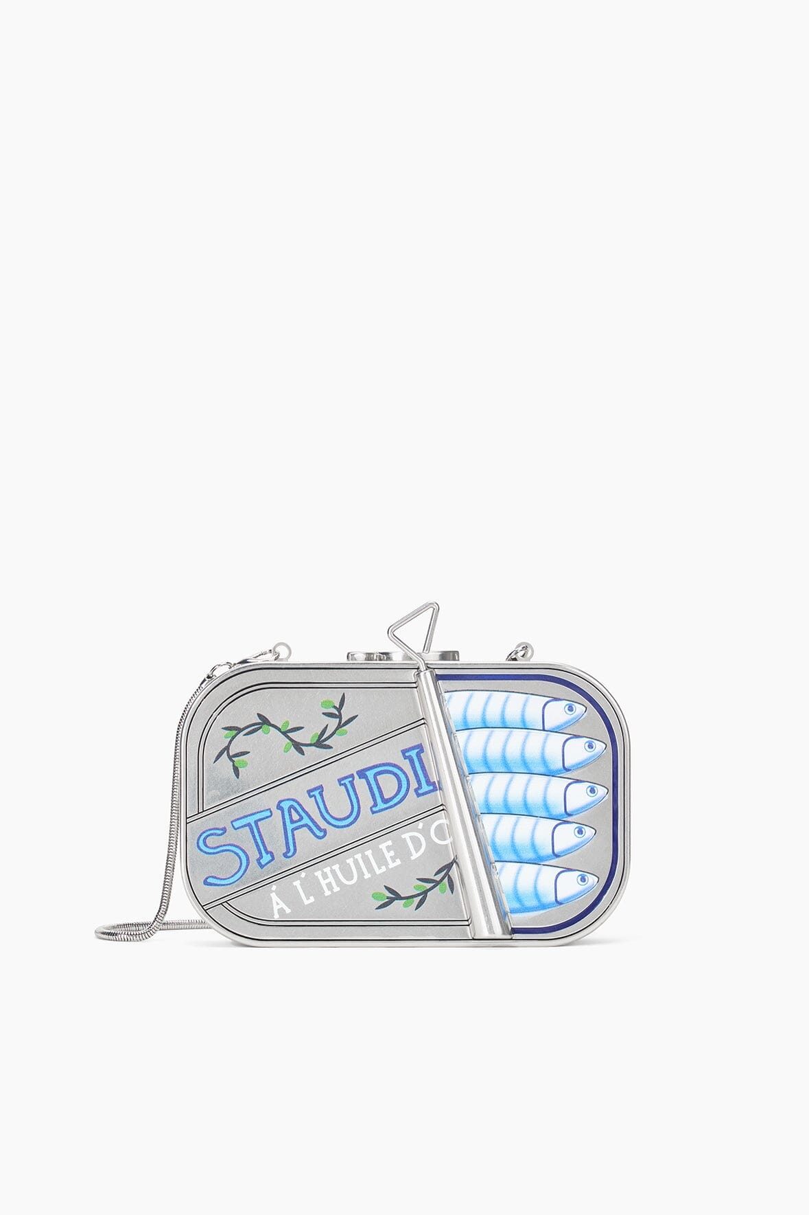 Staudines Sardine Tin Clutch with Removable Chain Strap – Silver Multi