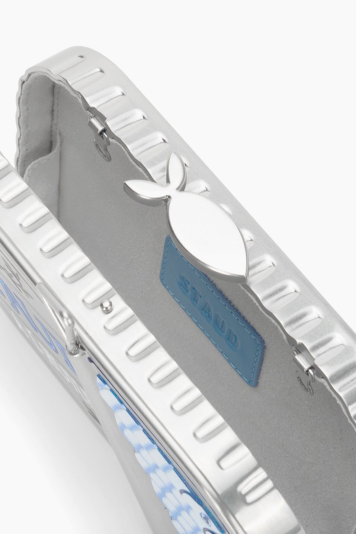 Staudines Sardine Tin Clutch with Removable Chain Strap – Silver Multi