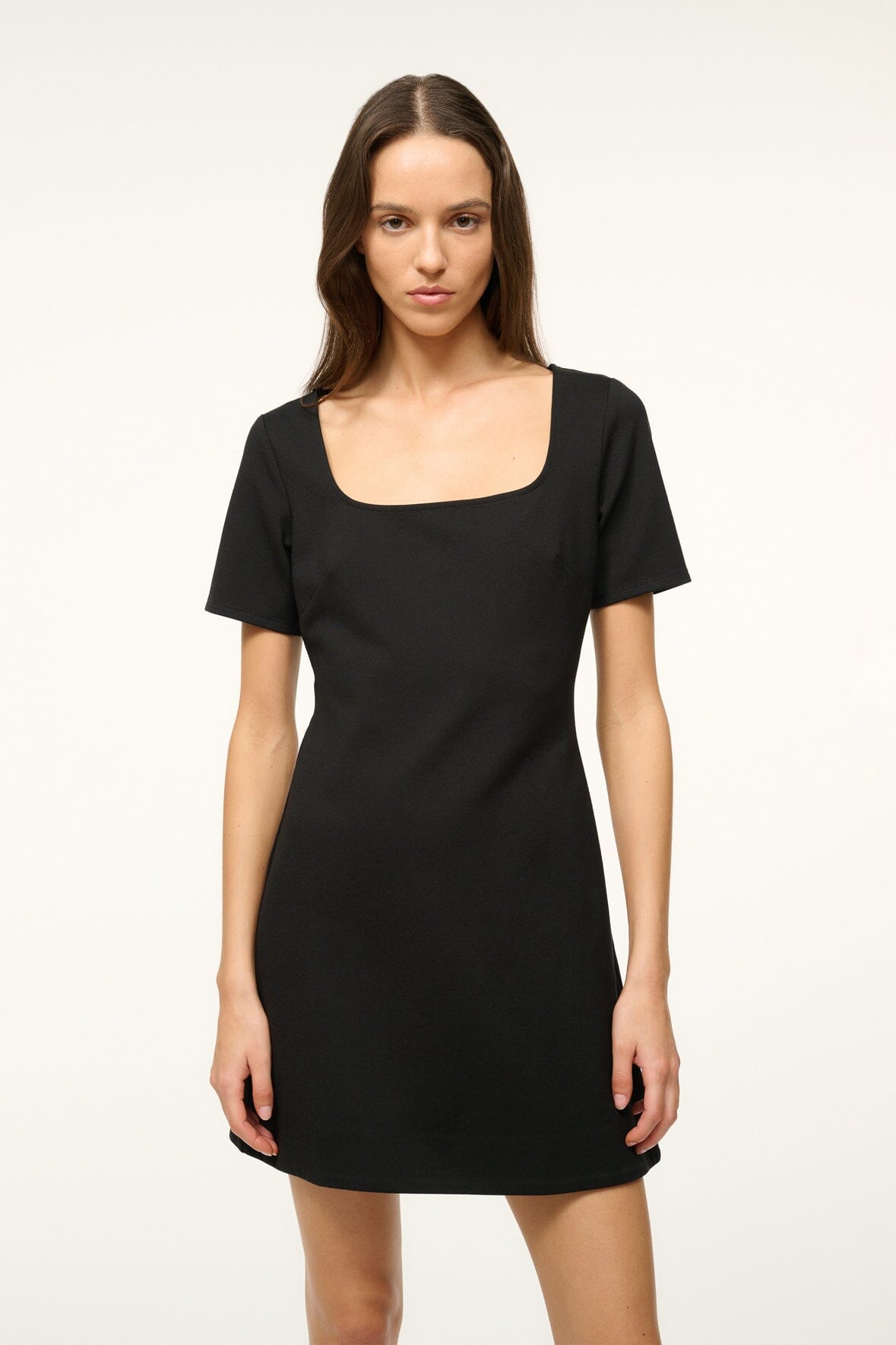 Black Stern Mini Dress with Square Neckline & A-Line Skirt