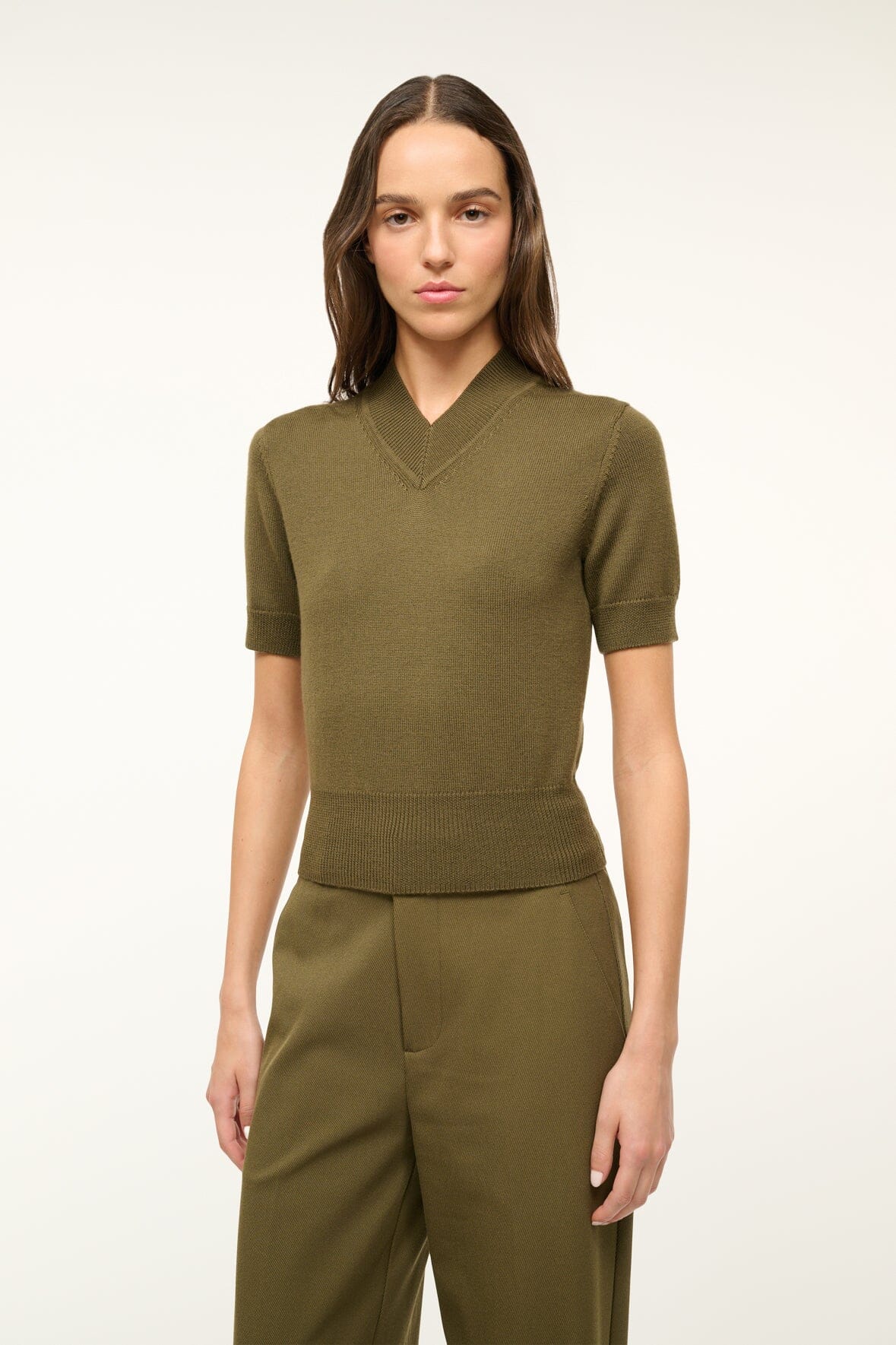 Sullivan Merino Wool V-Neck Knit Top in Sergeant Green