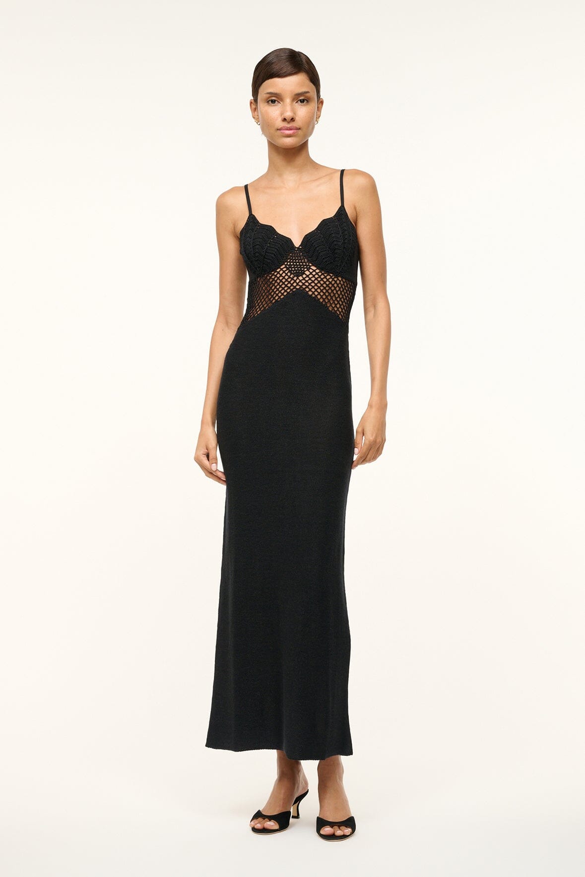 Black Crochet Maxi Dress with Sheer Panels – Tara Dress