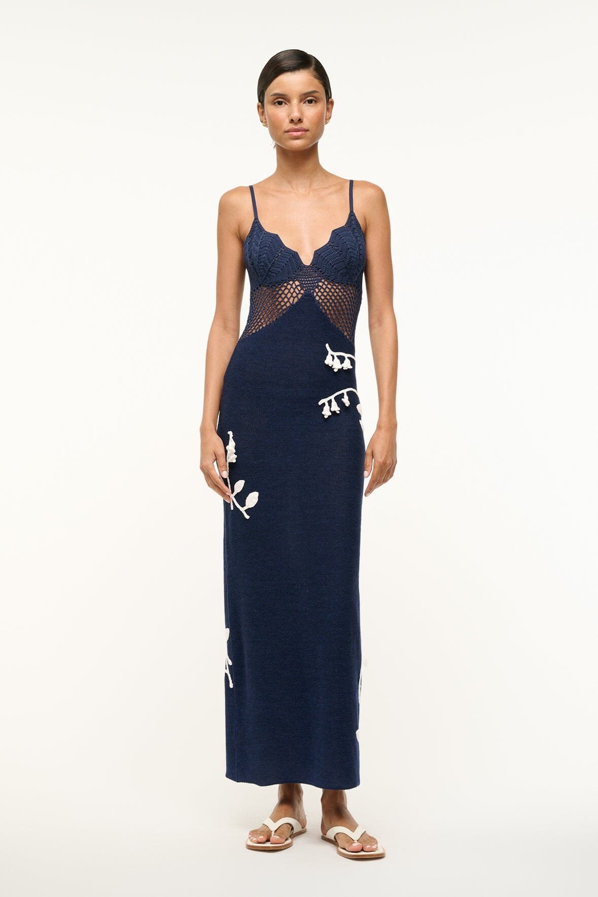 Tara Crochet Maxi Dress with Floral Applique - Navy & White