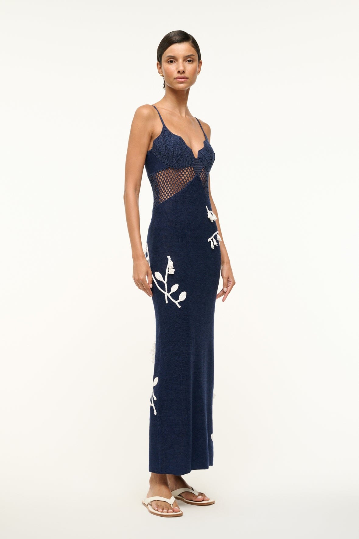 Tara Crochet Maxi Dress with Floral Applique - Navy & White
