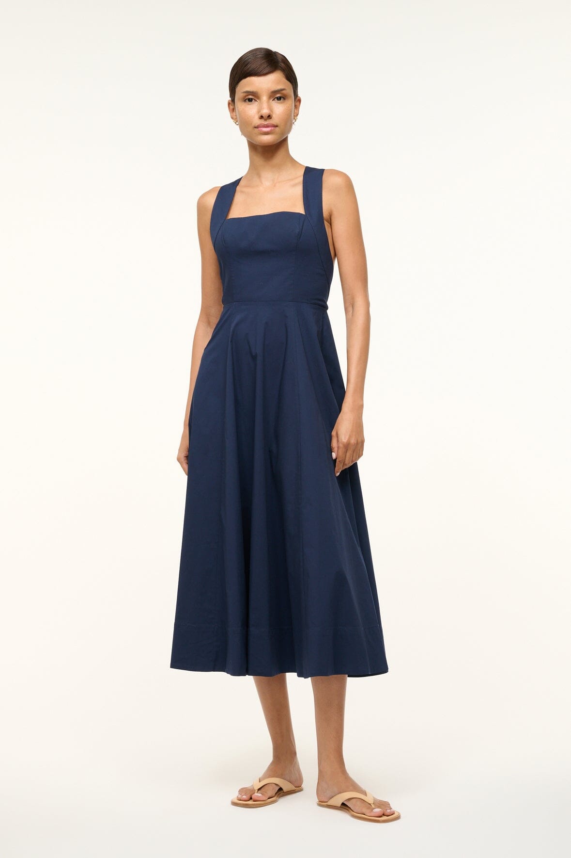 Teresa Navy Cotton Midi Dress with Cross-Back Straps