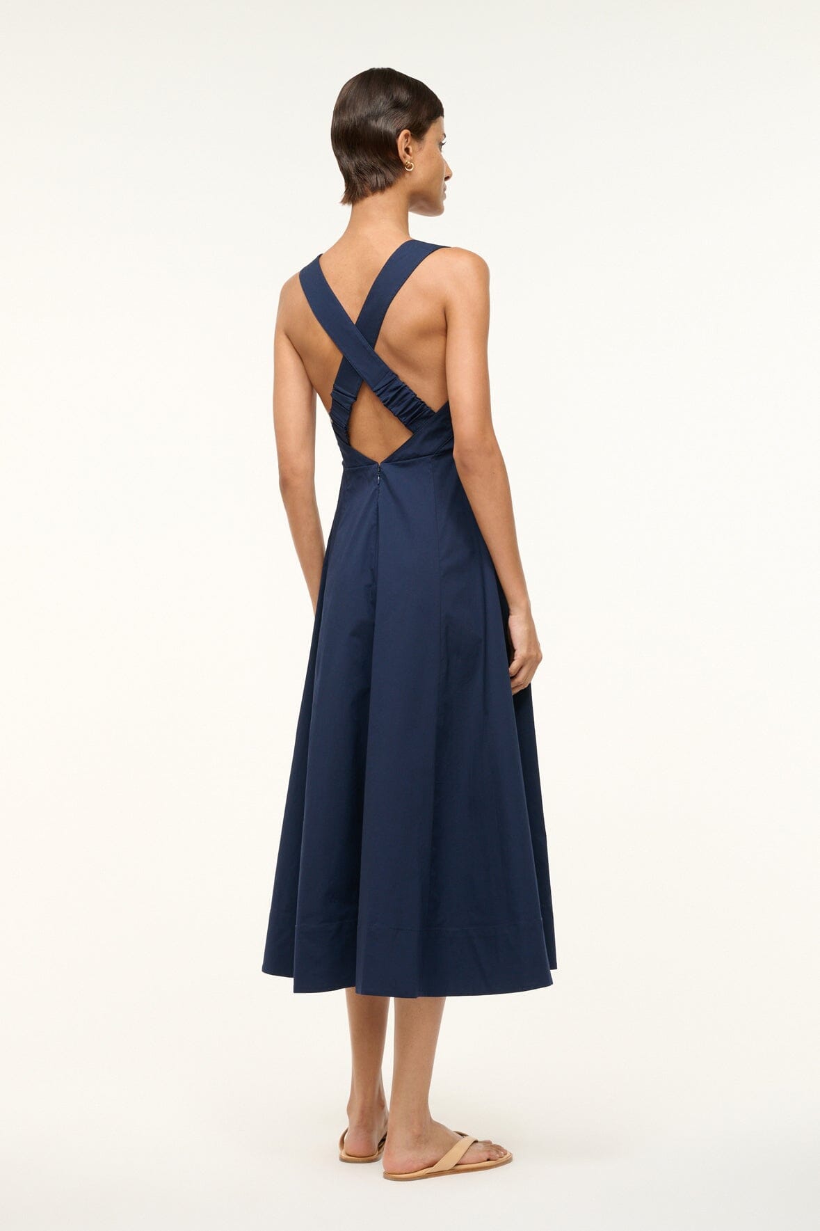 Teresa Navy Cotton Midi Dress with Cross-Back Straps