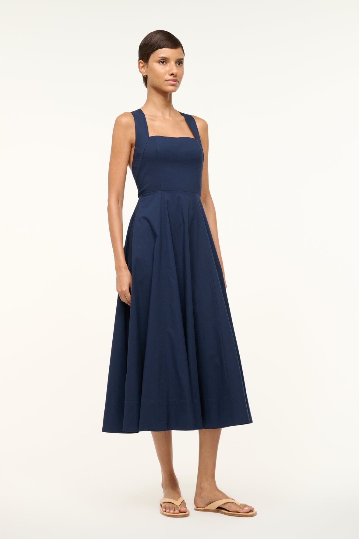 Teresa Navy Cotton Midi Dress with Cross-Back Straps