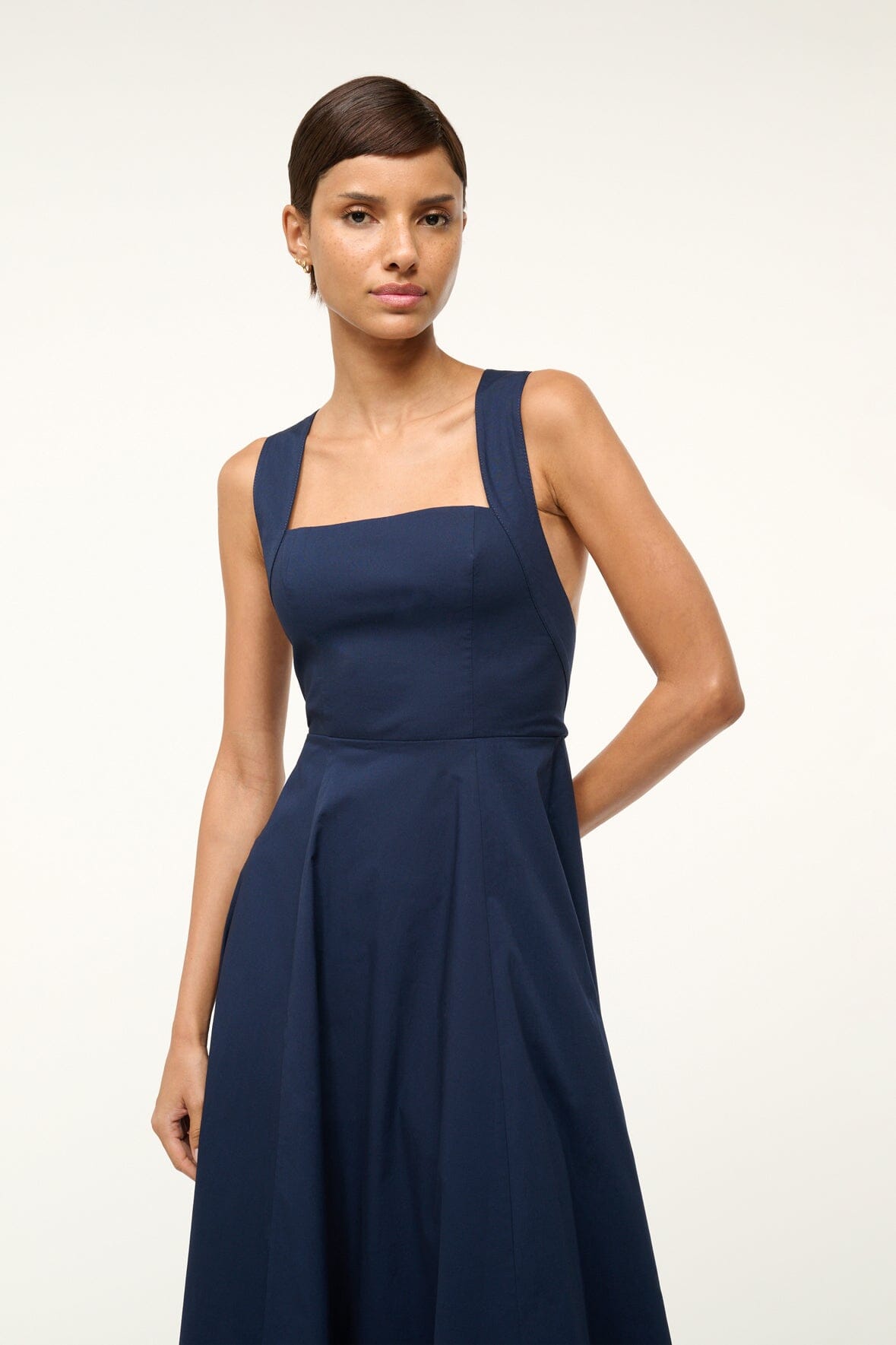 Teresa Navy Cotton Midi Dress with Cross-Back Straps