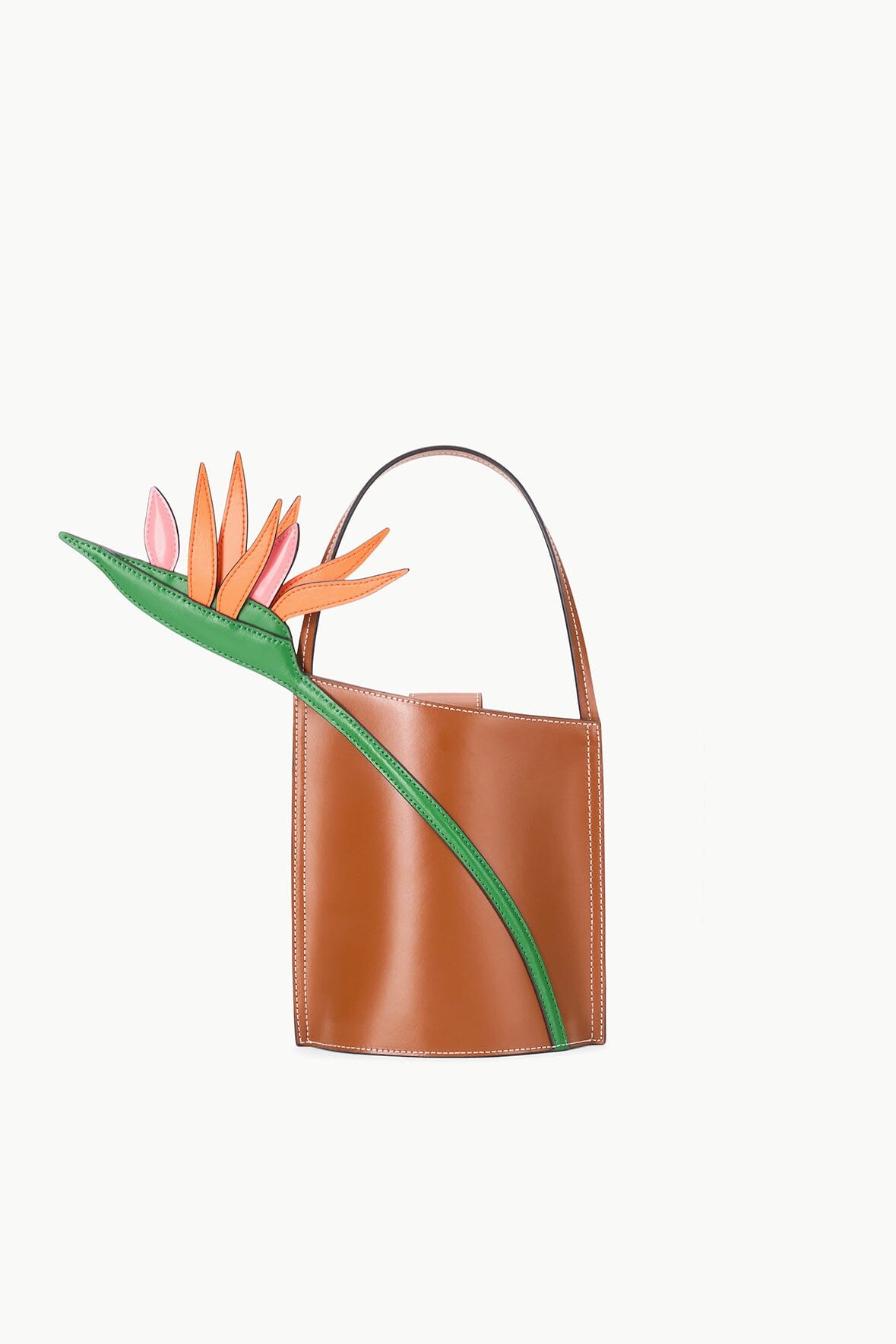 Tan Leather Bucket Bag with Bird of Paradise Applique