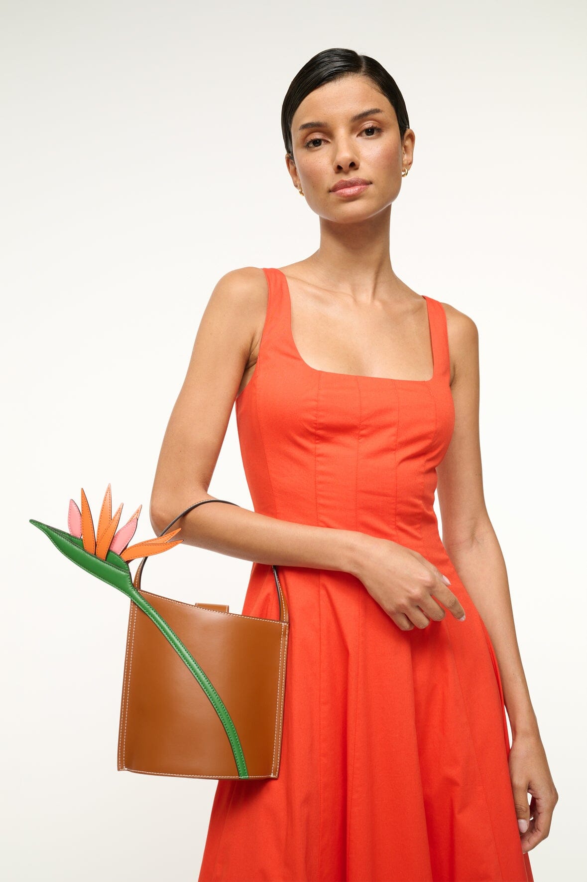 Tan Leather Bucket Bag with Bird of Paradise Applique