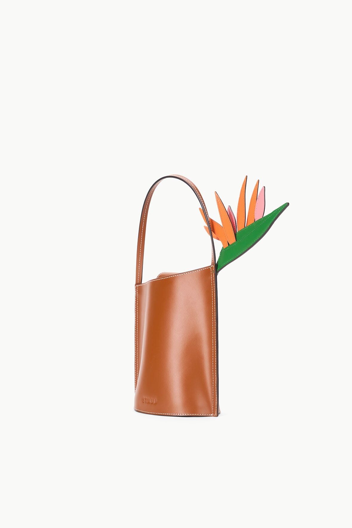 Tan Leather Bucket Bag with Bird of Paradise Applique