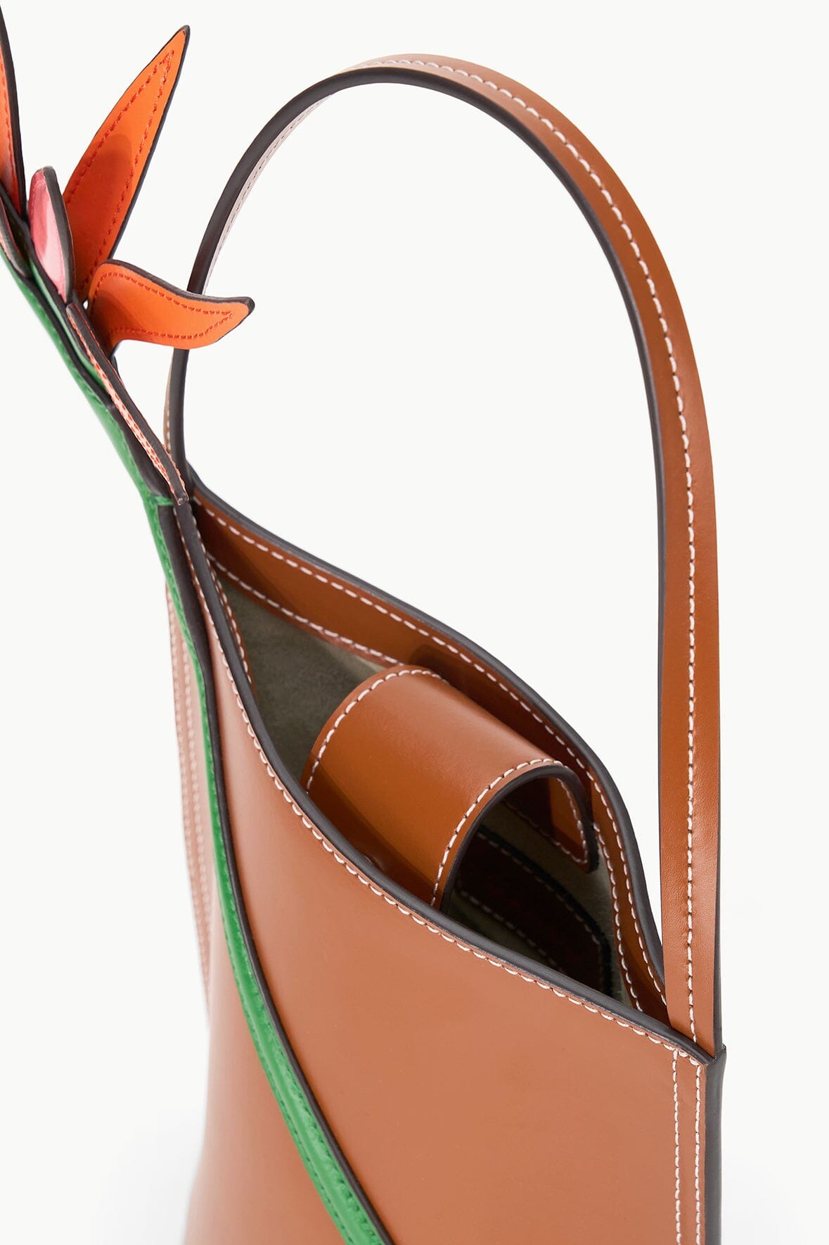 Tan Leather Bucket Bag with Bird of Paradise Applique