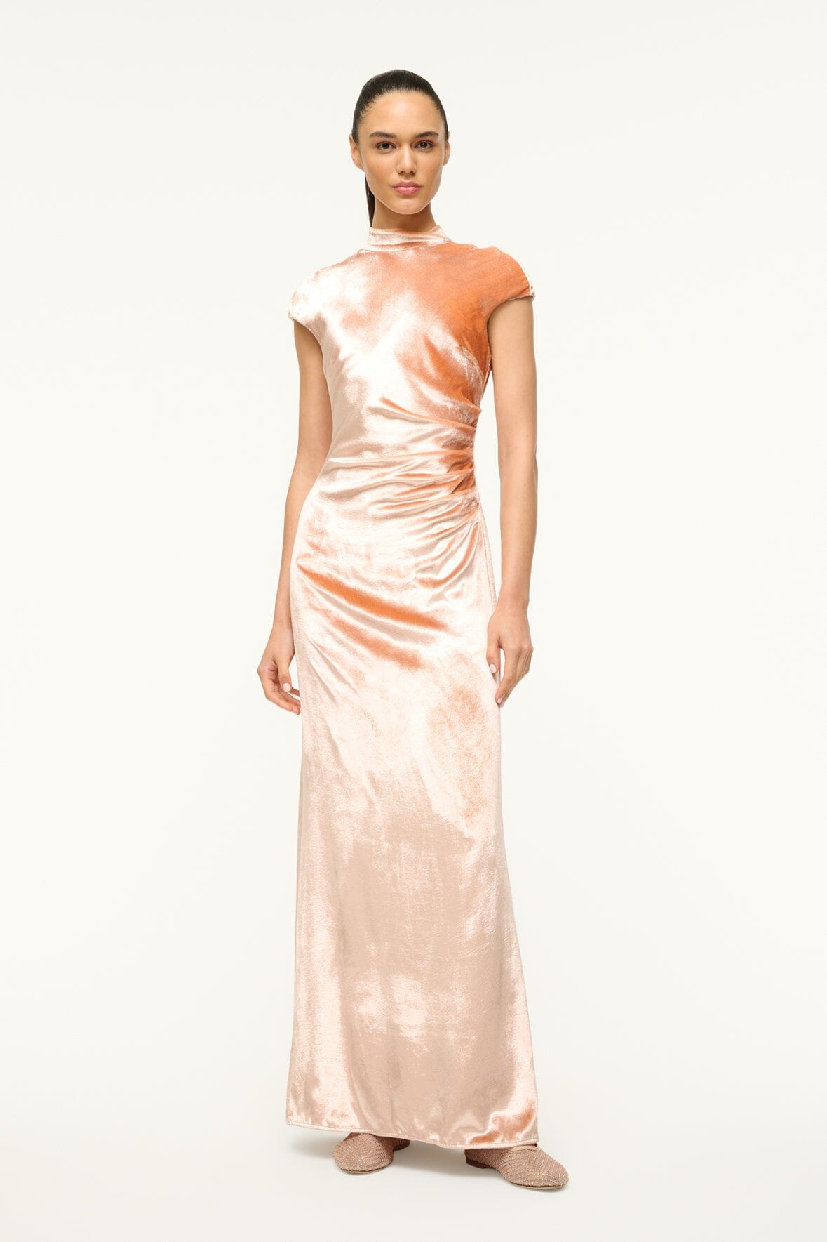 Tina Mock Neck Dress with Asymmetric Draping & Open Back