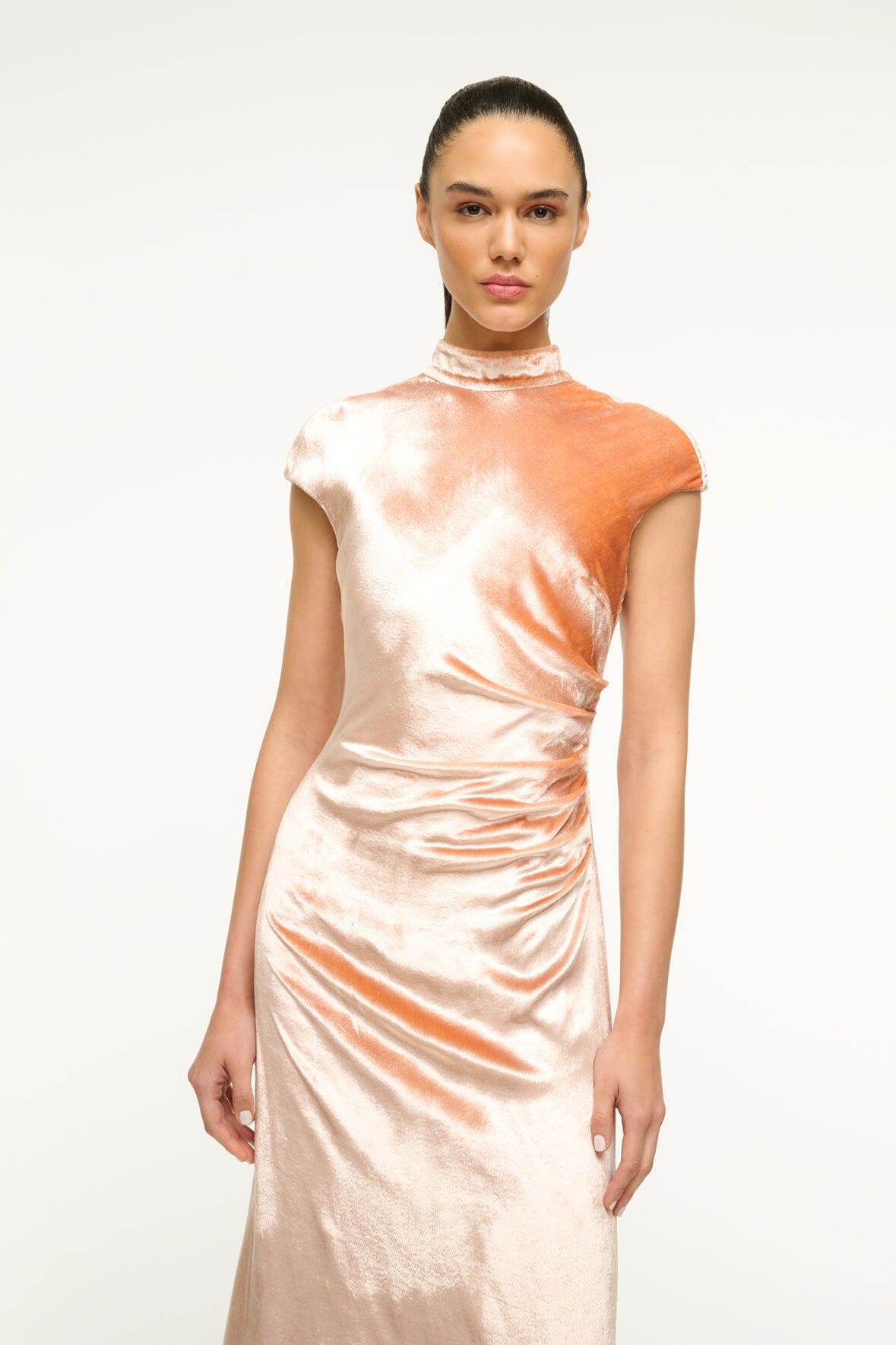Tina Mock Neck Dress with Asymmetric Draping & Open Back