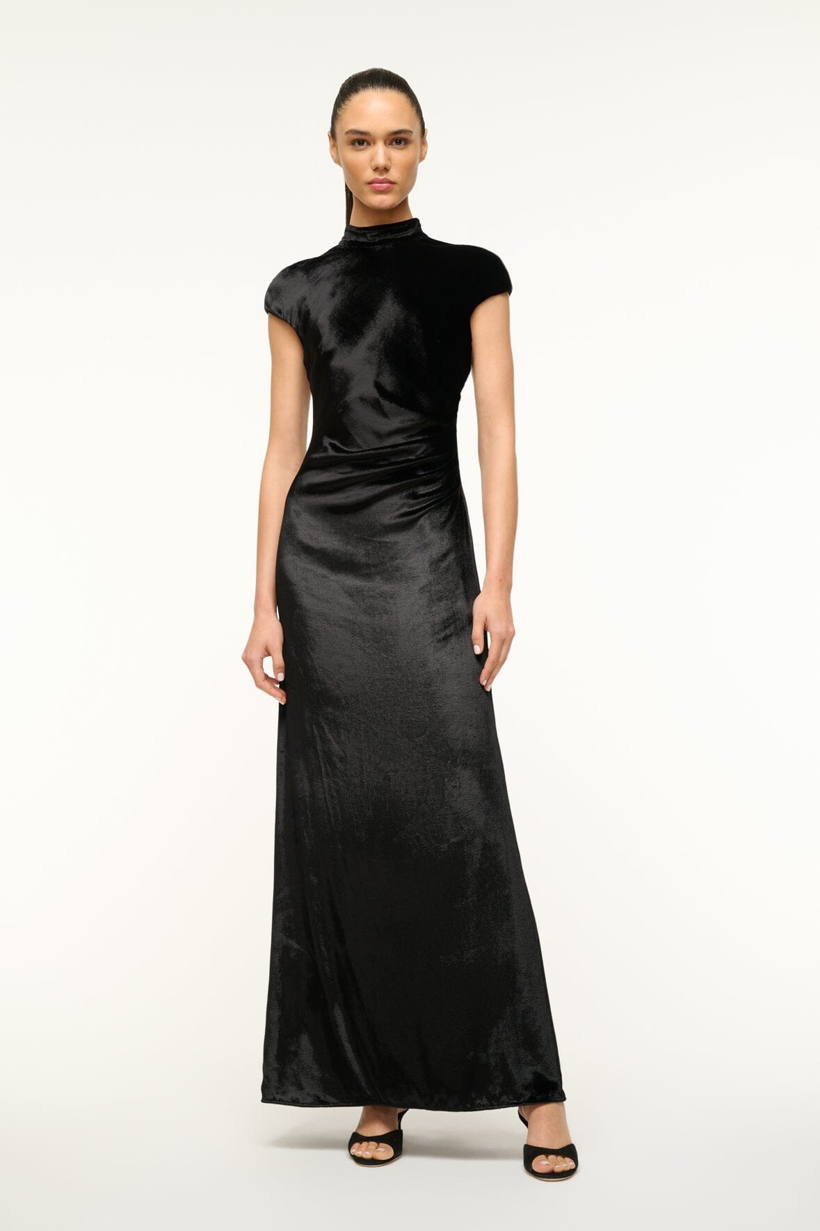 Tina Black Mock Neck Dress with Asymmetric Draping & Open Back