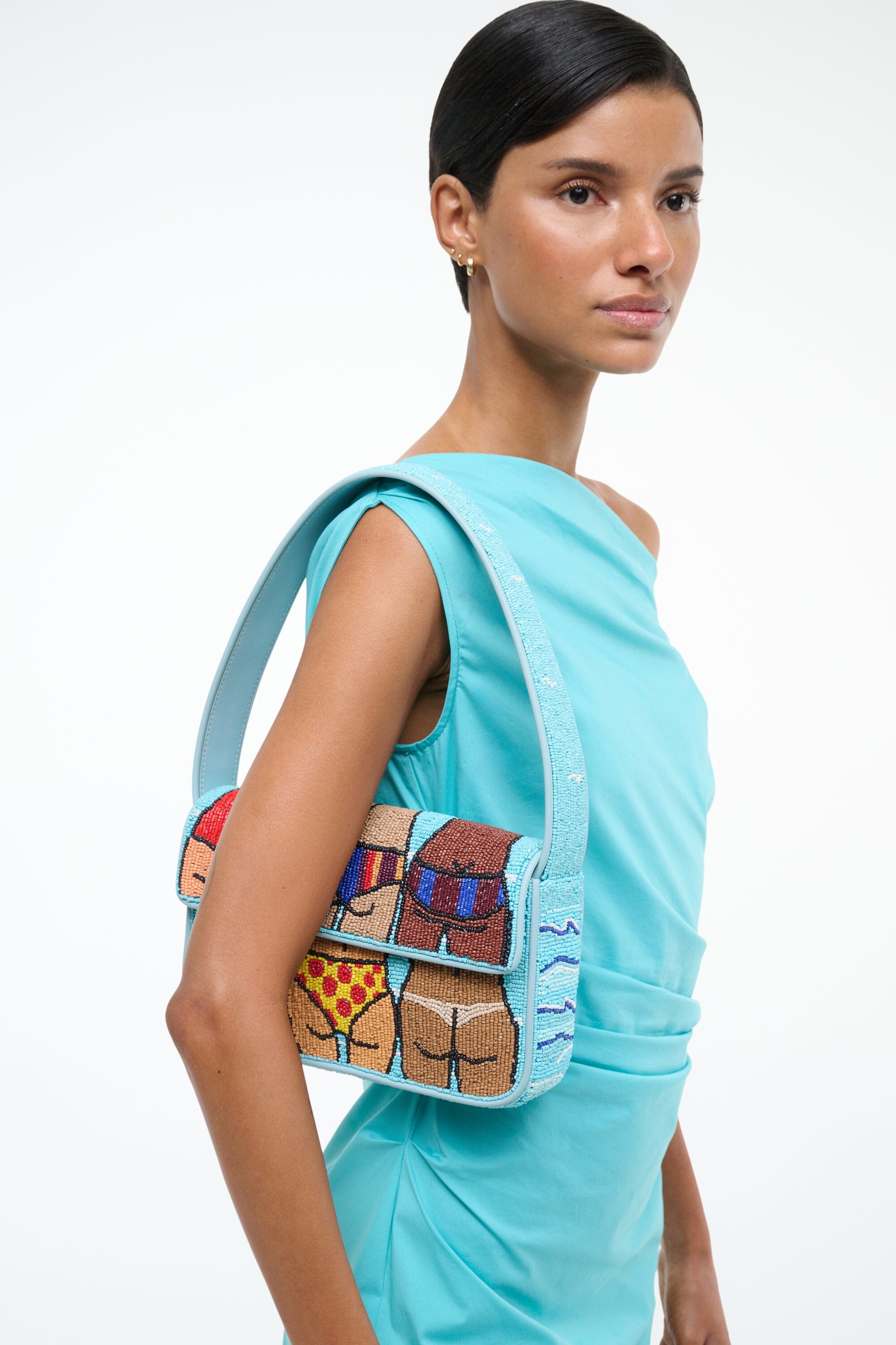Tommy Beaded Shoulder Bag with Vegan Leather - Beach Bums Print