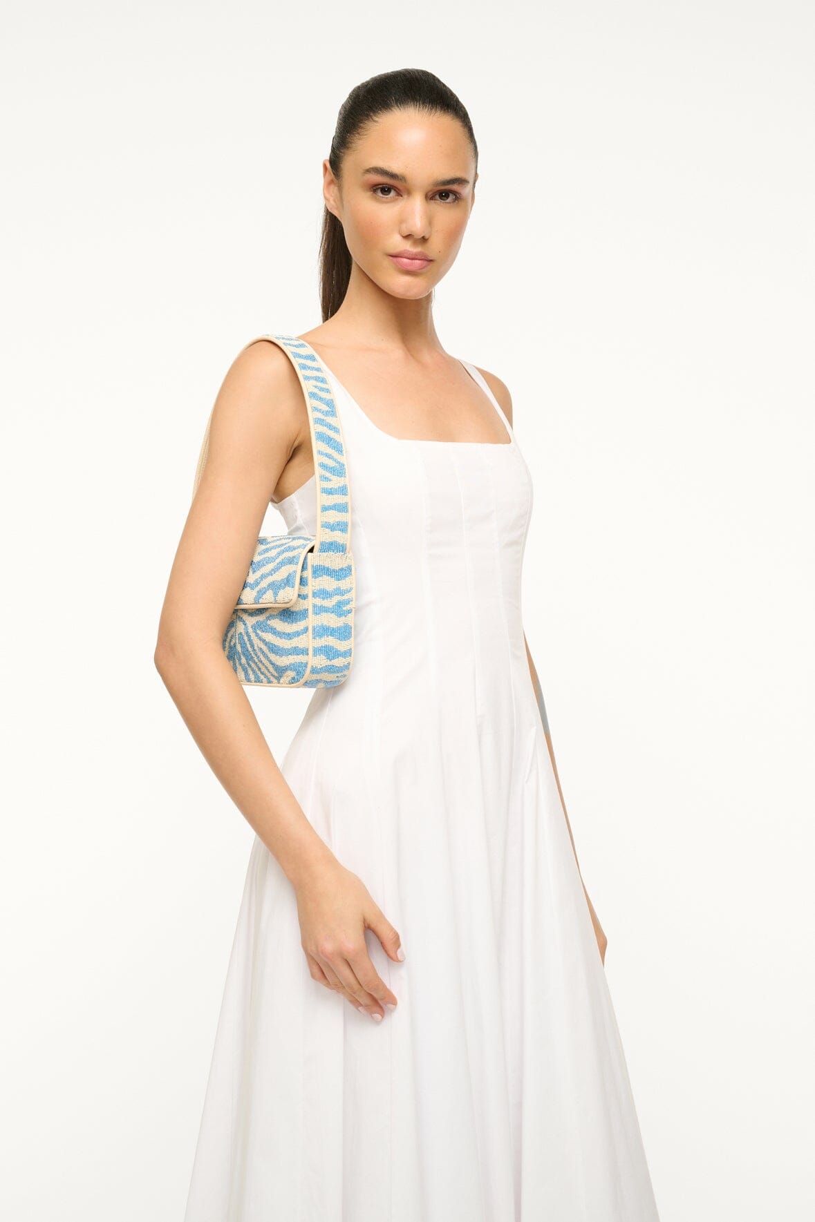 Tommy Hand-Beaded Shoulder Bag in Light Blue & Cream | Vegan Leather
