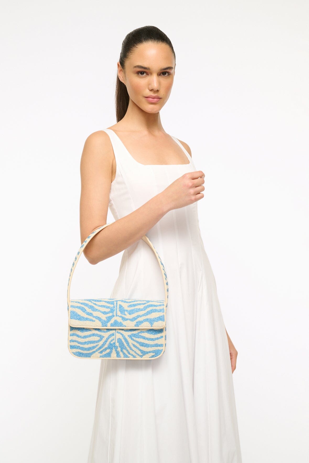 Tommy Hand-Beaded Shoulder Bag in Light Blue & Cream | Vegan Leather