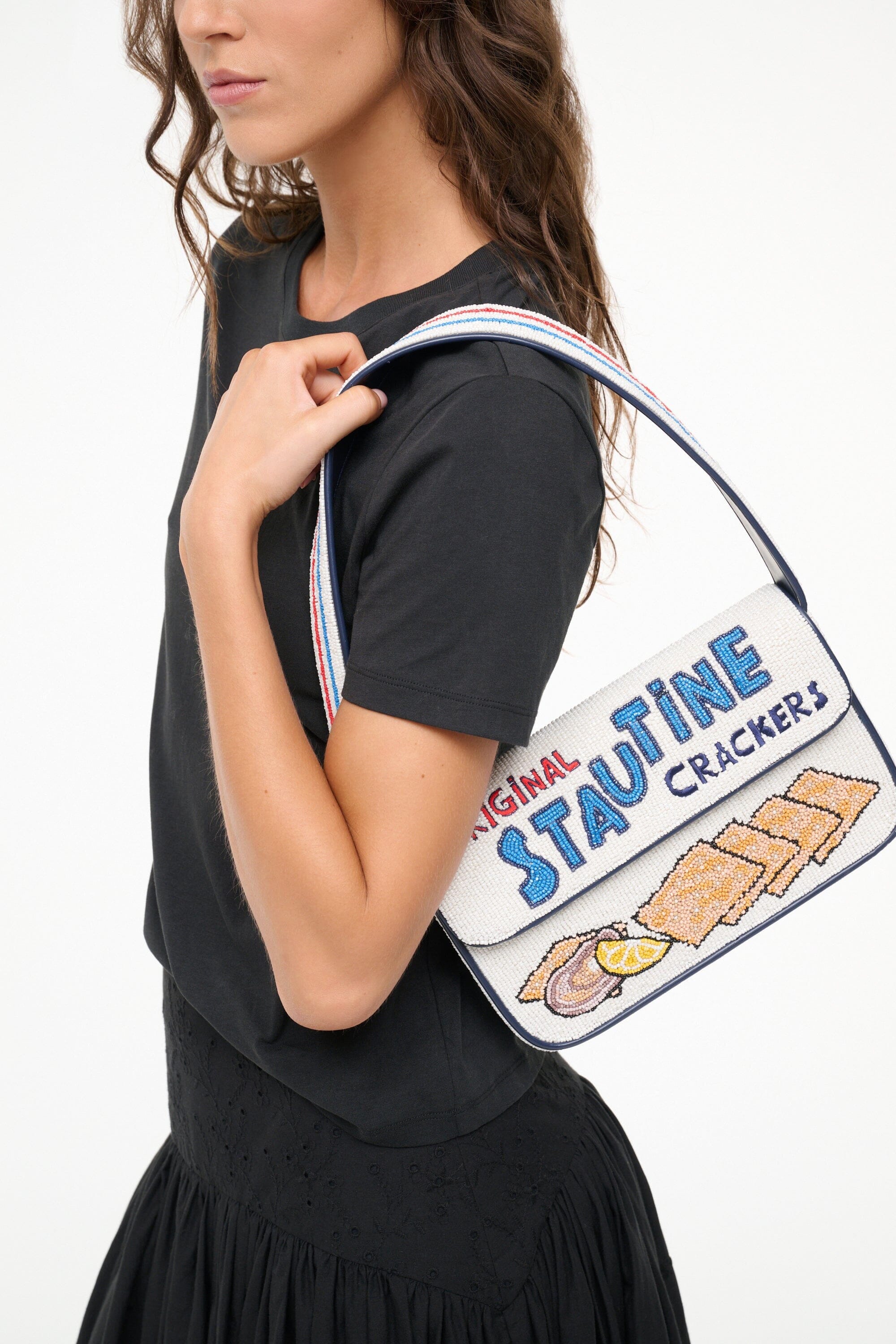 Tommy Beaded Shoulder Bag with Stautines Print & Vegan Leather