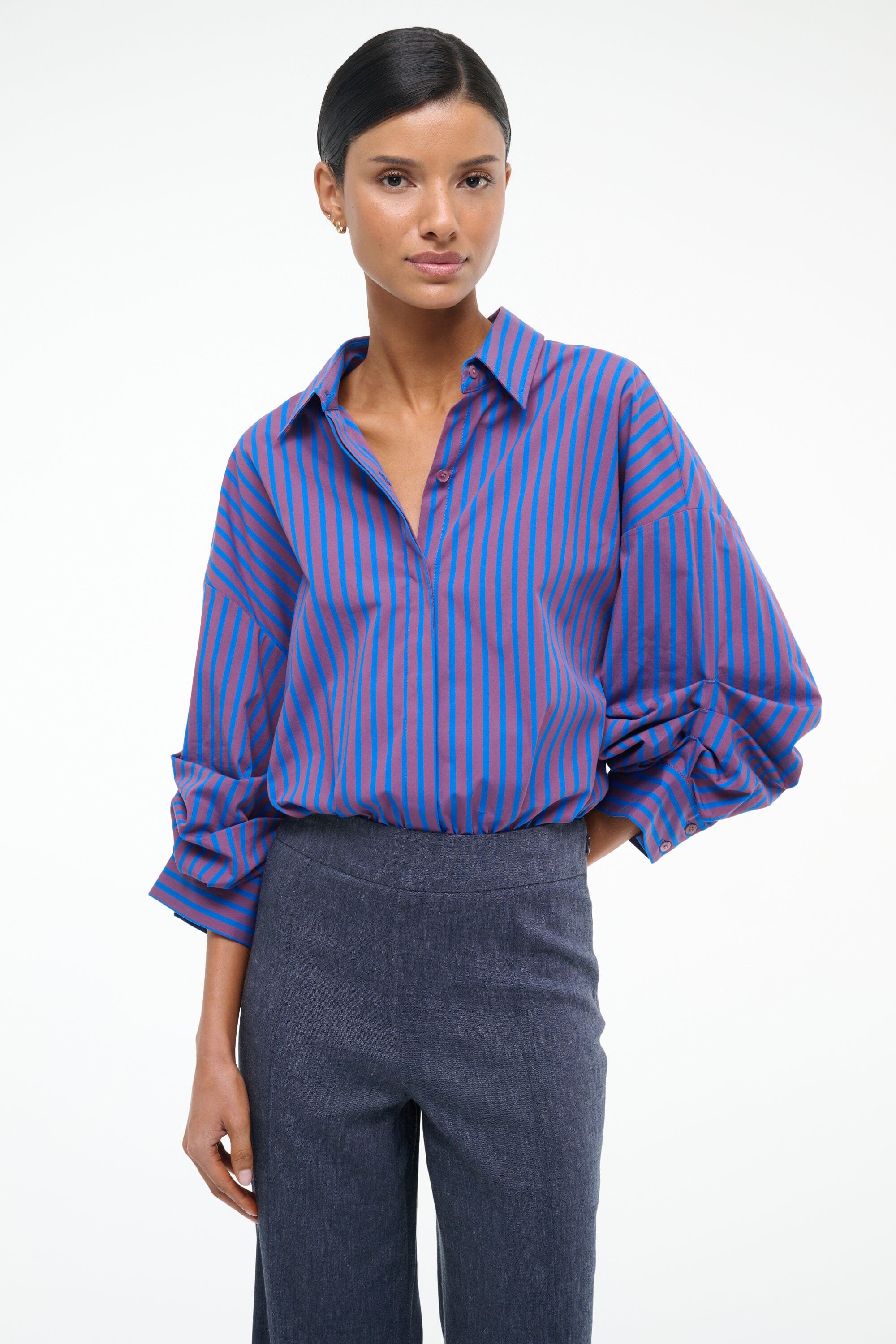 Women's Cotton Poplin Shirt Bodysuit - Traverse with Rolled Cuffs & Elastic Bottom