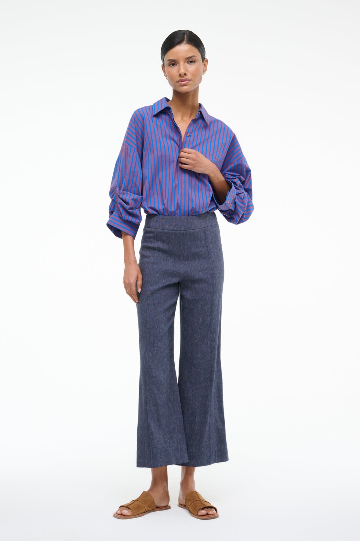 Women's Cotton Poplin Shirt Bodysuit - Traverse with Rolled Cuffs & Elastic Bottom