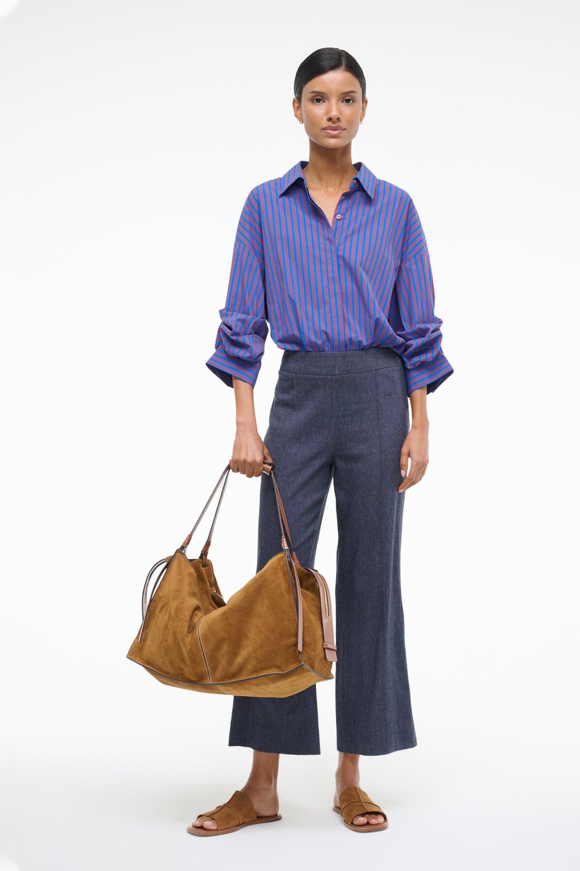Women's Cotton Poplin Shirt Bodysuit - Traverse with Rolled Cuffs & Elastic Bottom