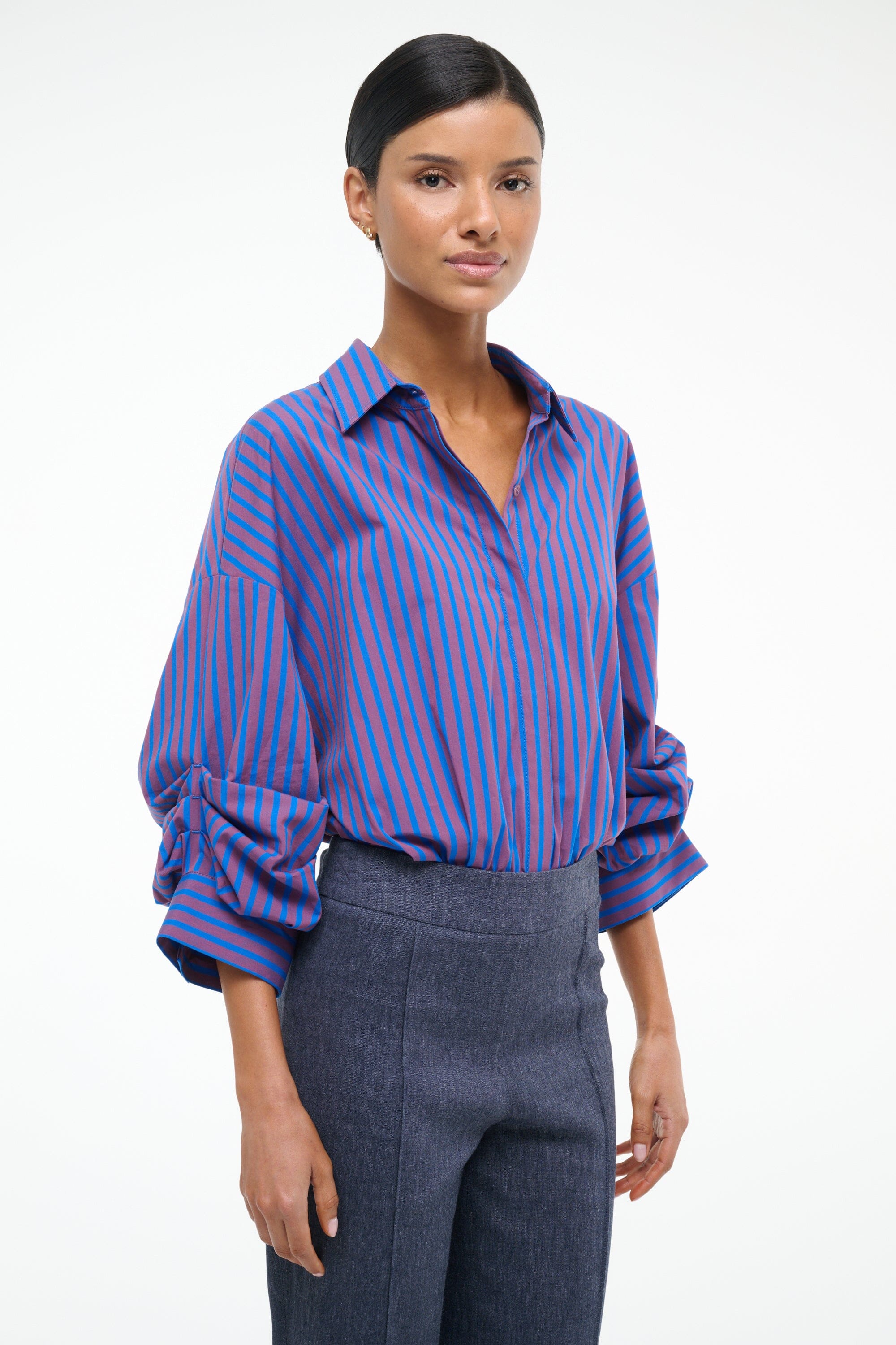 Women's Cotton Poplin Shirt Bodysuit - Traverse with Rolled Cuffs & Elastic Bottom