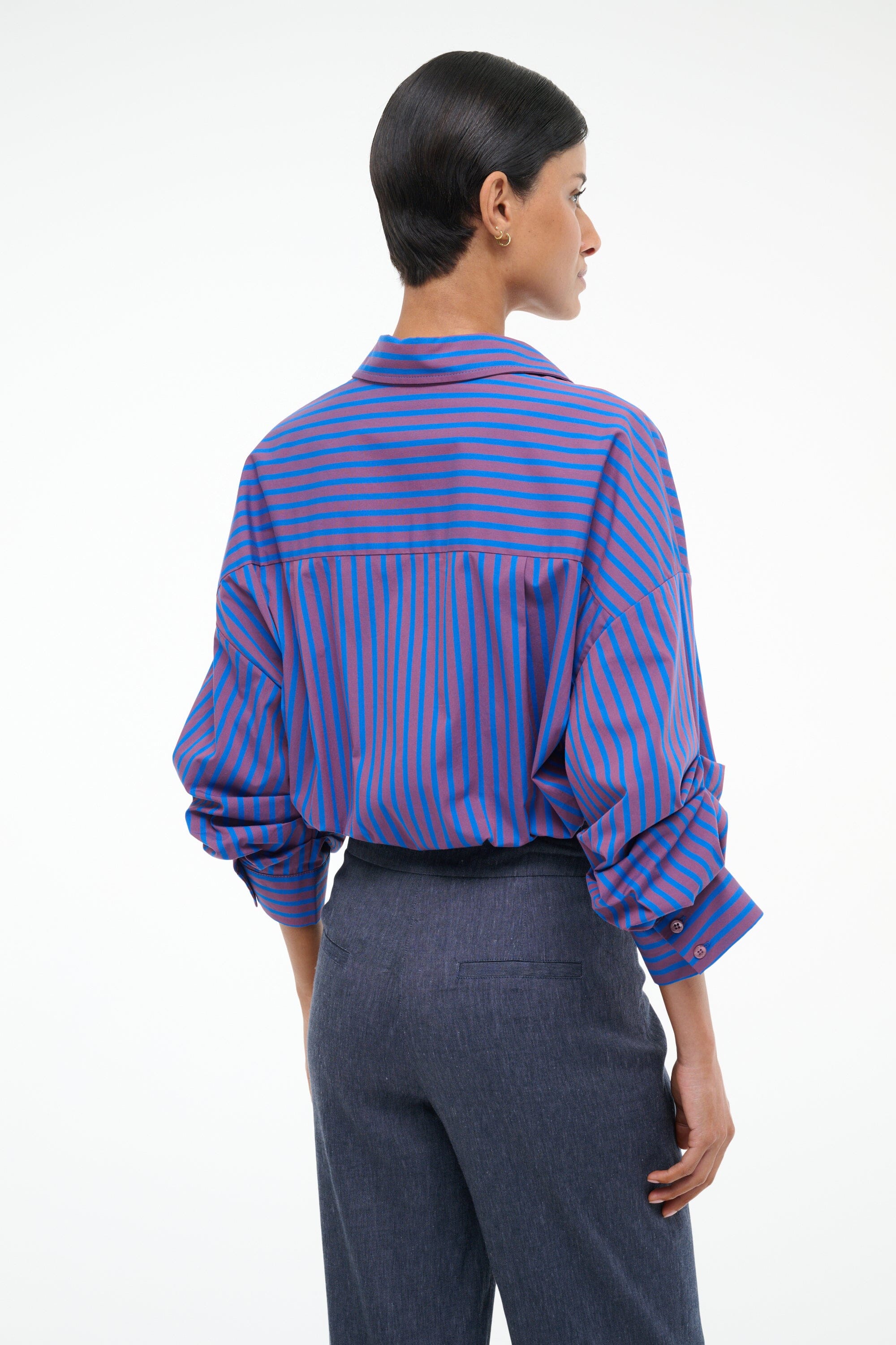 Women's Cotton Poplin Shirt Bodysuit - Traverse with Rolled Cuffs & Elastic Bottom