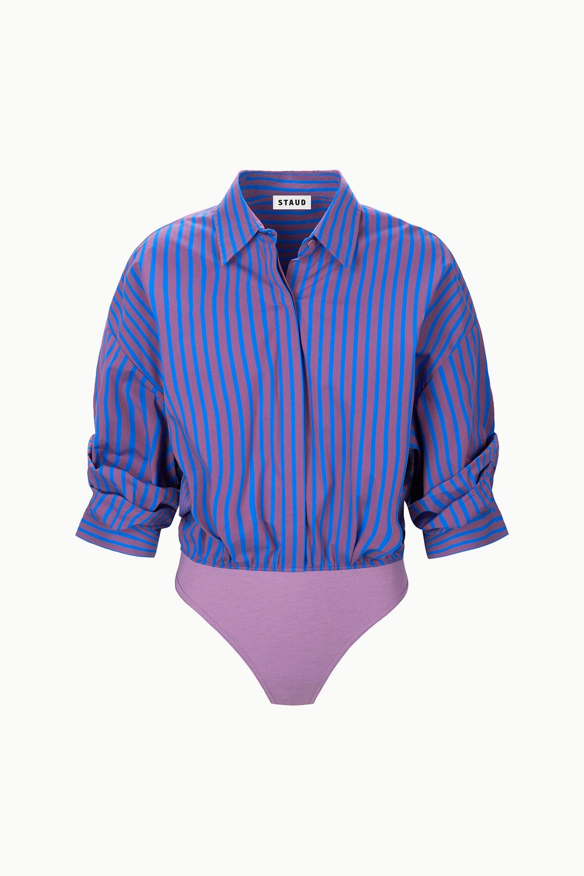 Women's Cotton Poplin Shirt Bodysuit - Traverse with Rolled Cuffs & Elastic Bottom