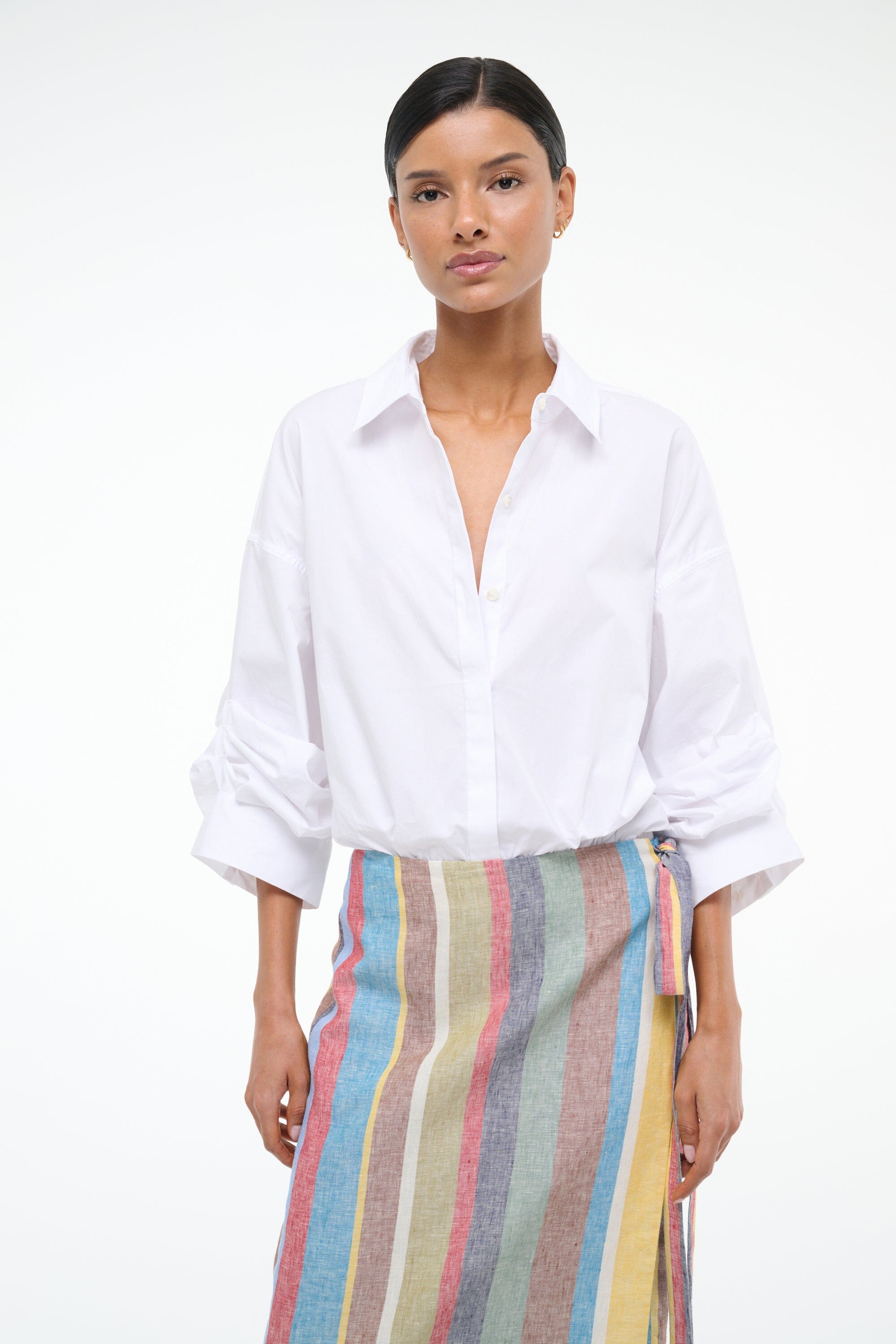 Women's White Cotton Poplin Shirt Bodysuit with Rolled Cuffs