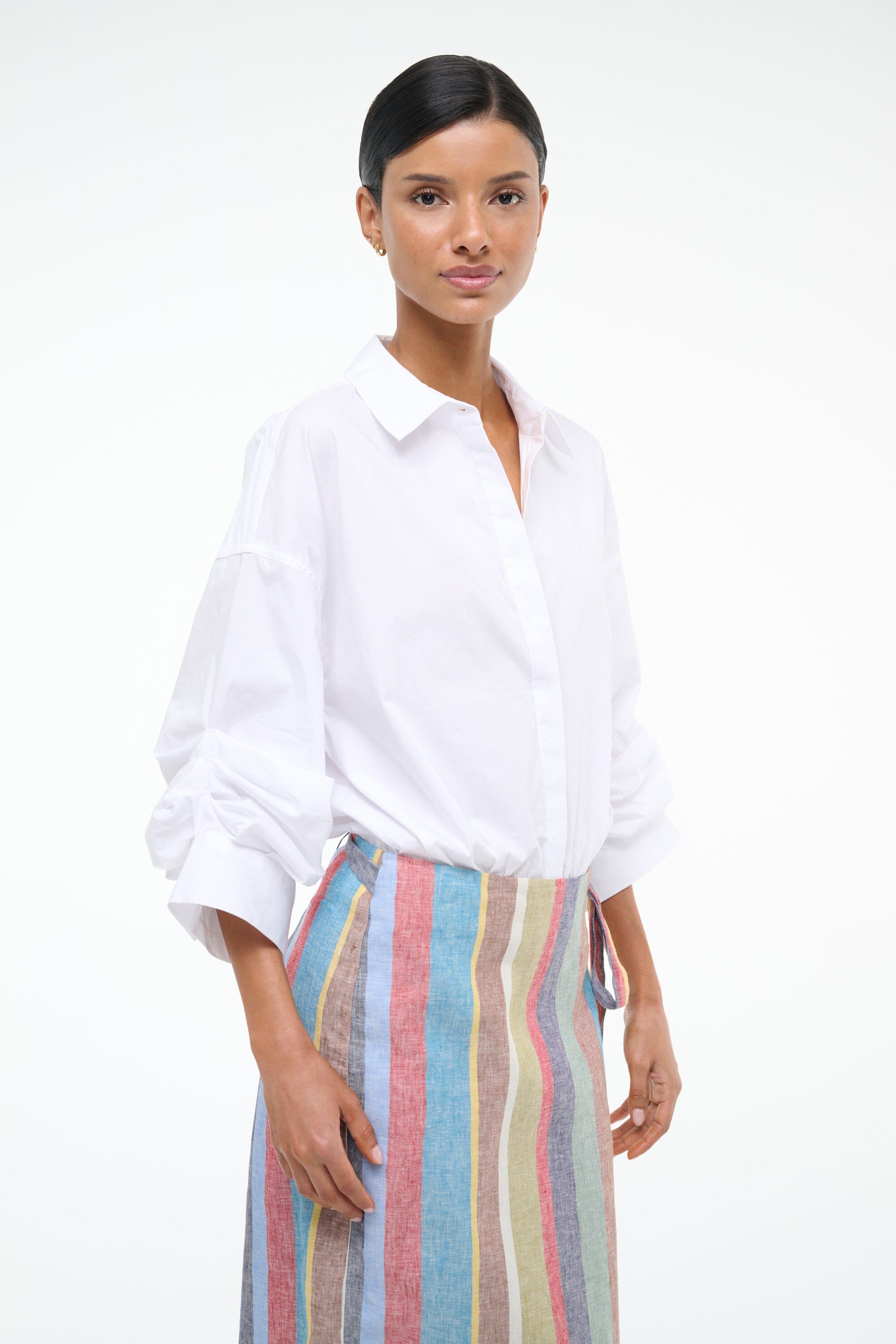 Women's White Cotton Poplin Shirt Bodysuit with Rolled Cuffs