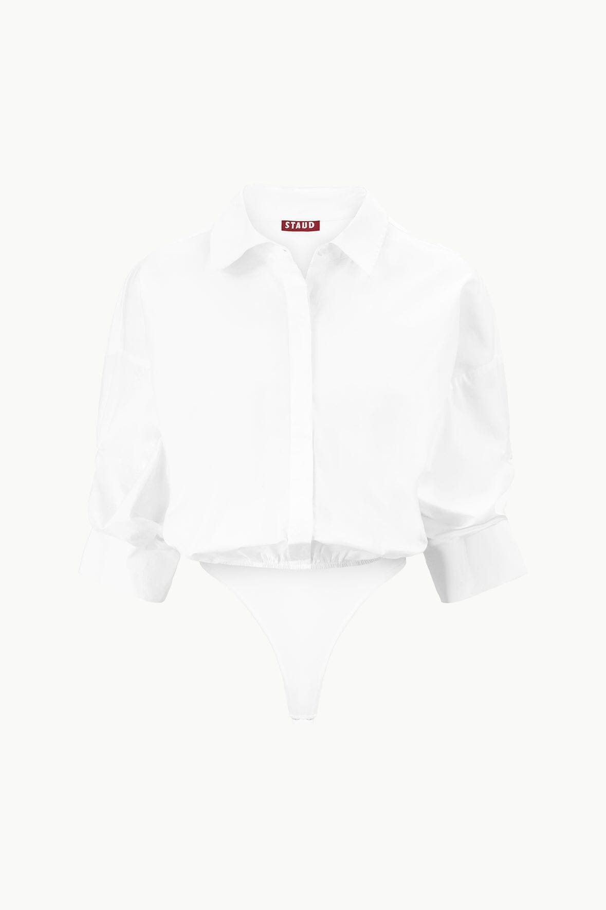 Women's White Cotton Poplin Shirt Bodysuit with Rolled Cuffs