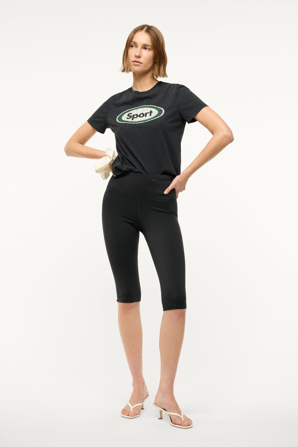 Women's Black Tread Capri Leggings with Waistband Zipper