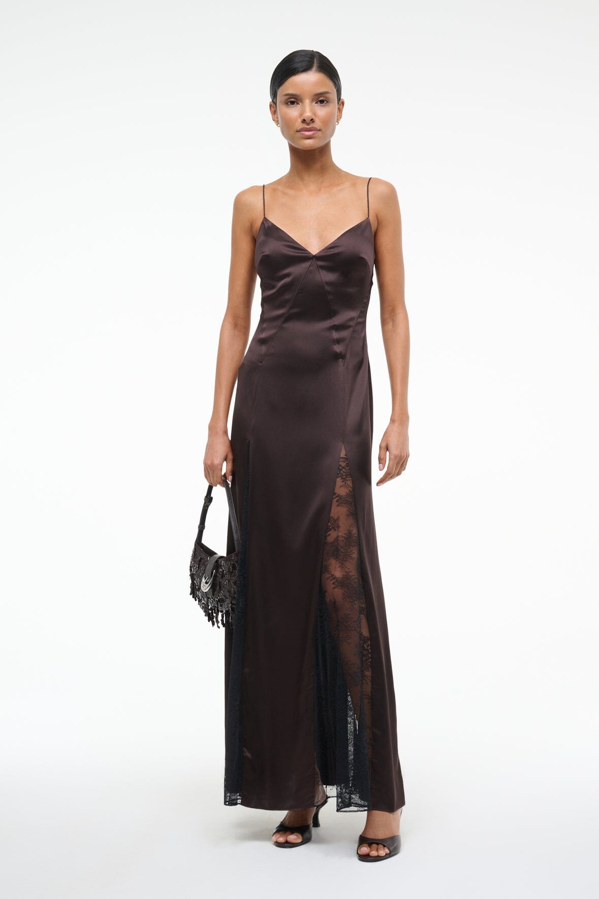 Trinity Silk Maxi Slip Dress with Lace Inserts - V-Neck & Low Back