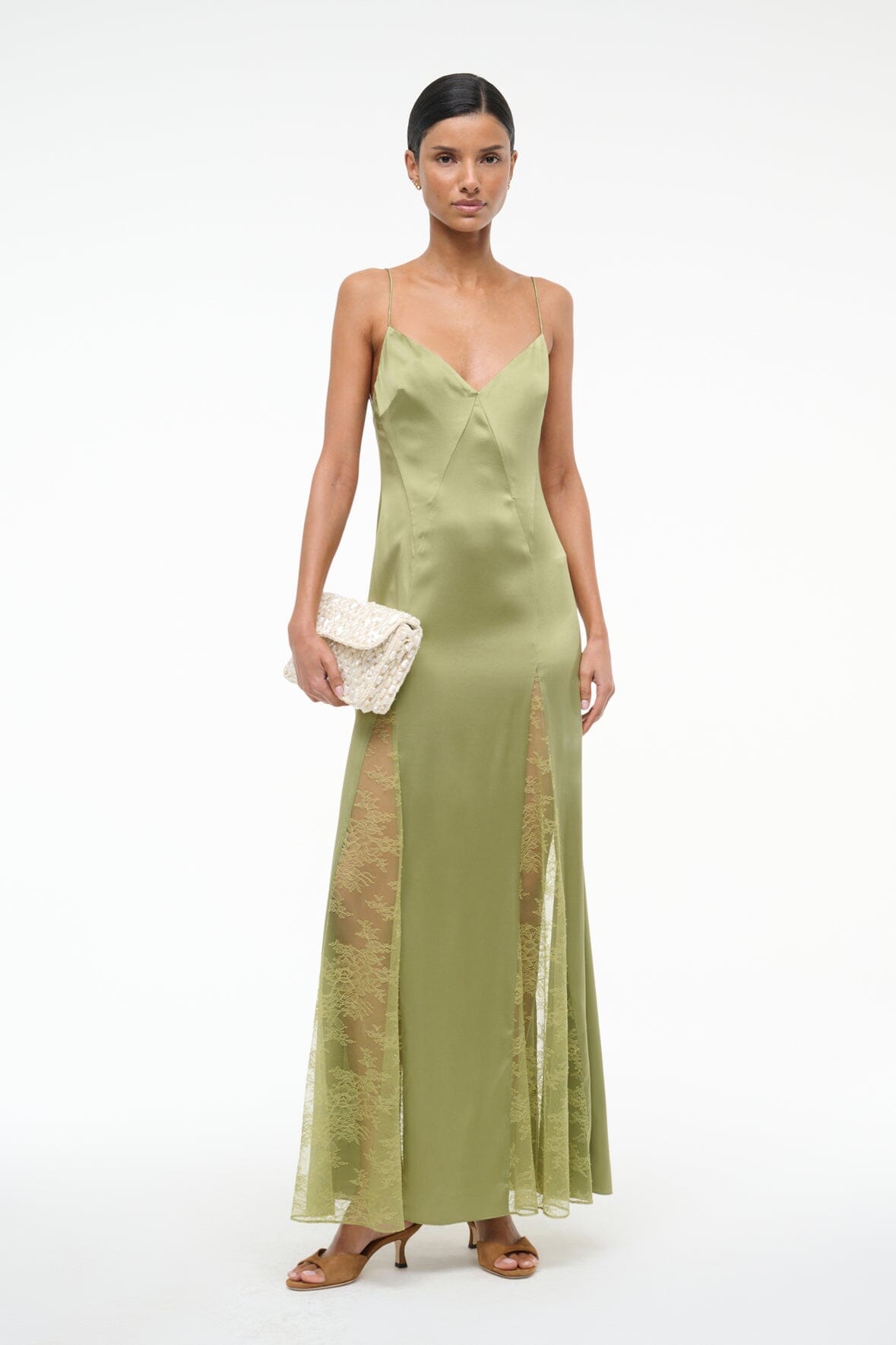 Trinity Silk Maxi Dress with Lace Inserts | Moss Green V-Neck Slip Dress