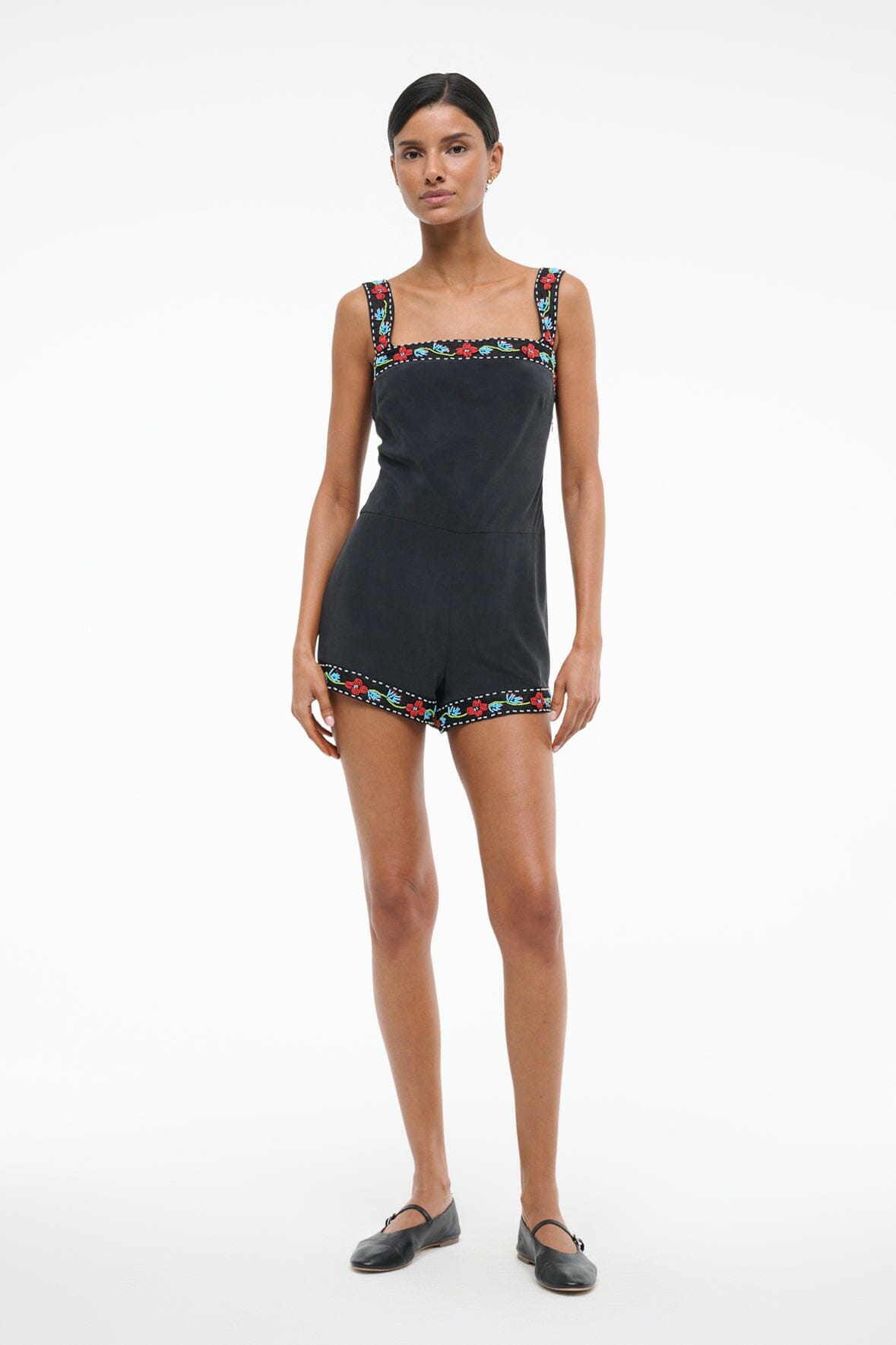 Veronica Black Silk Romper with Beaded Lace Trim