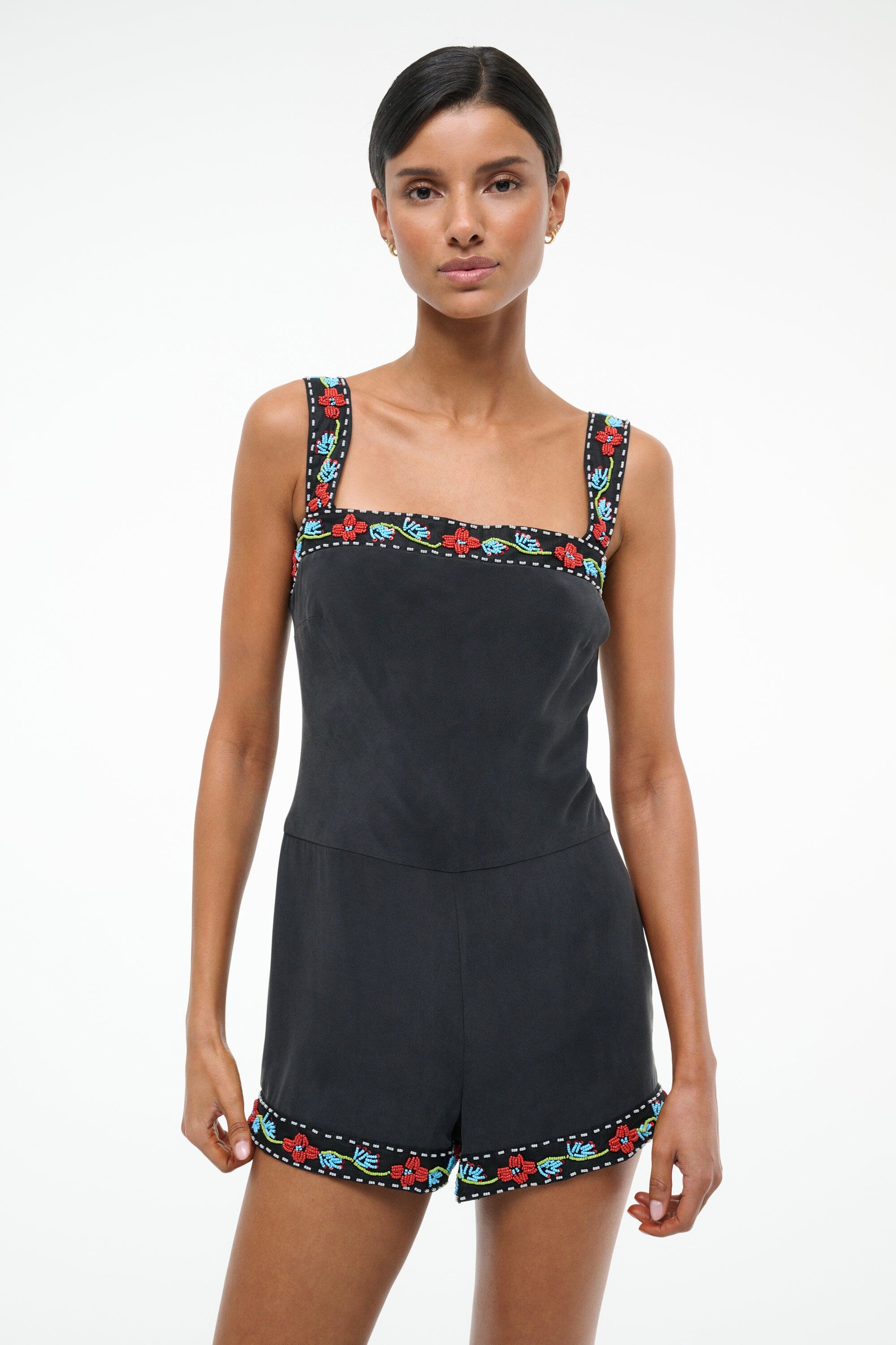Veronica Black Silk Romper with Beaded Lace Trim