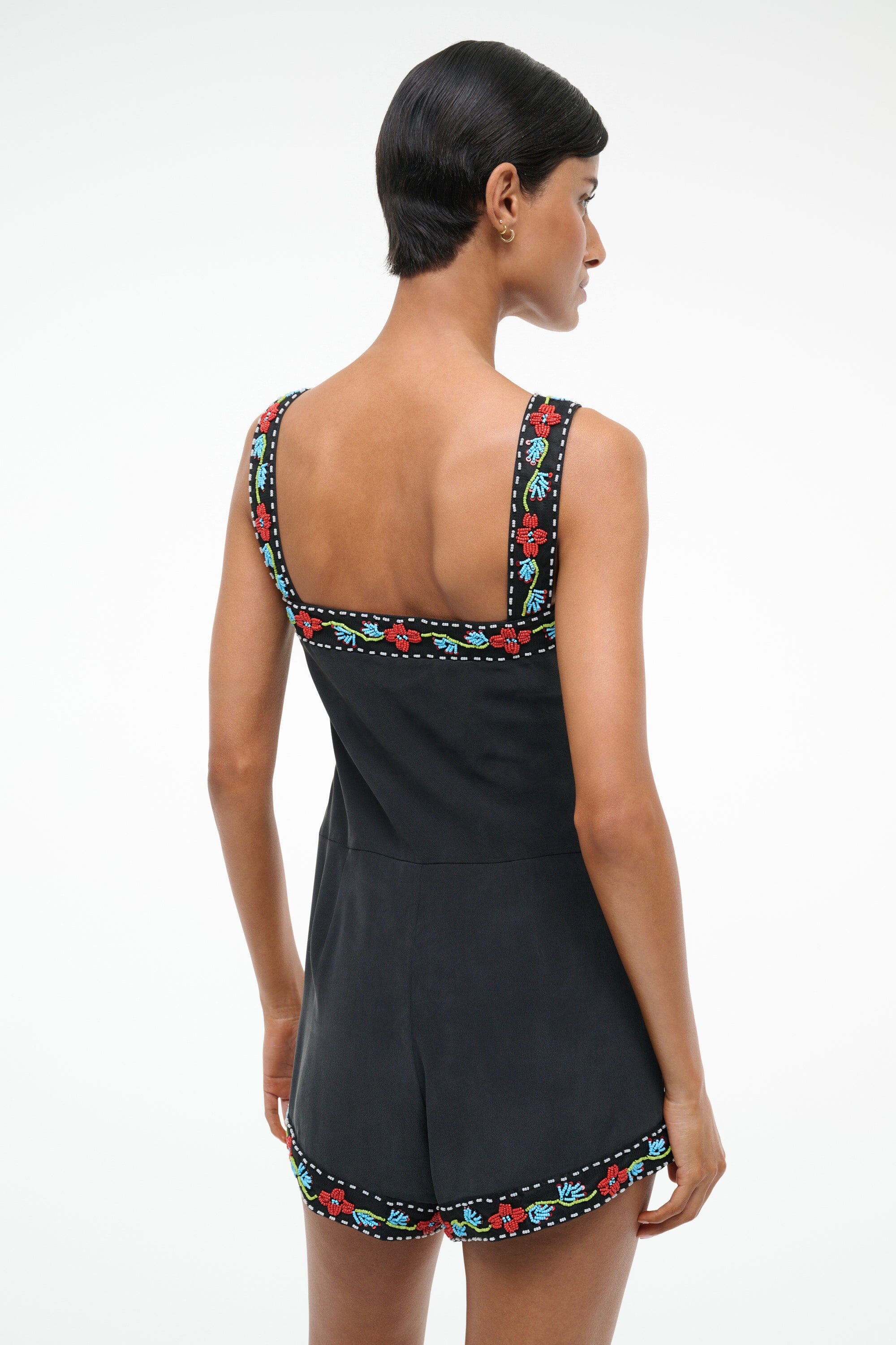 Veronica Black Silk Romper with Beaded Lace Trim
