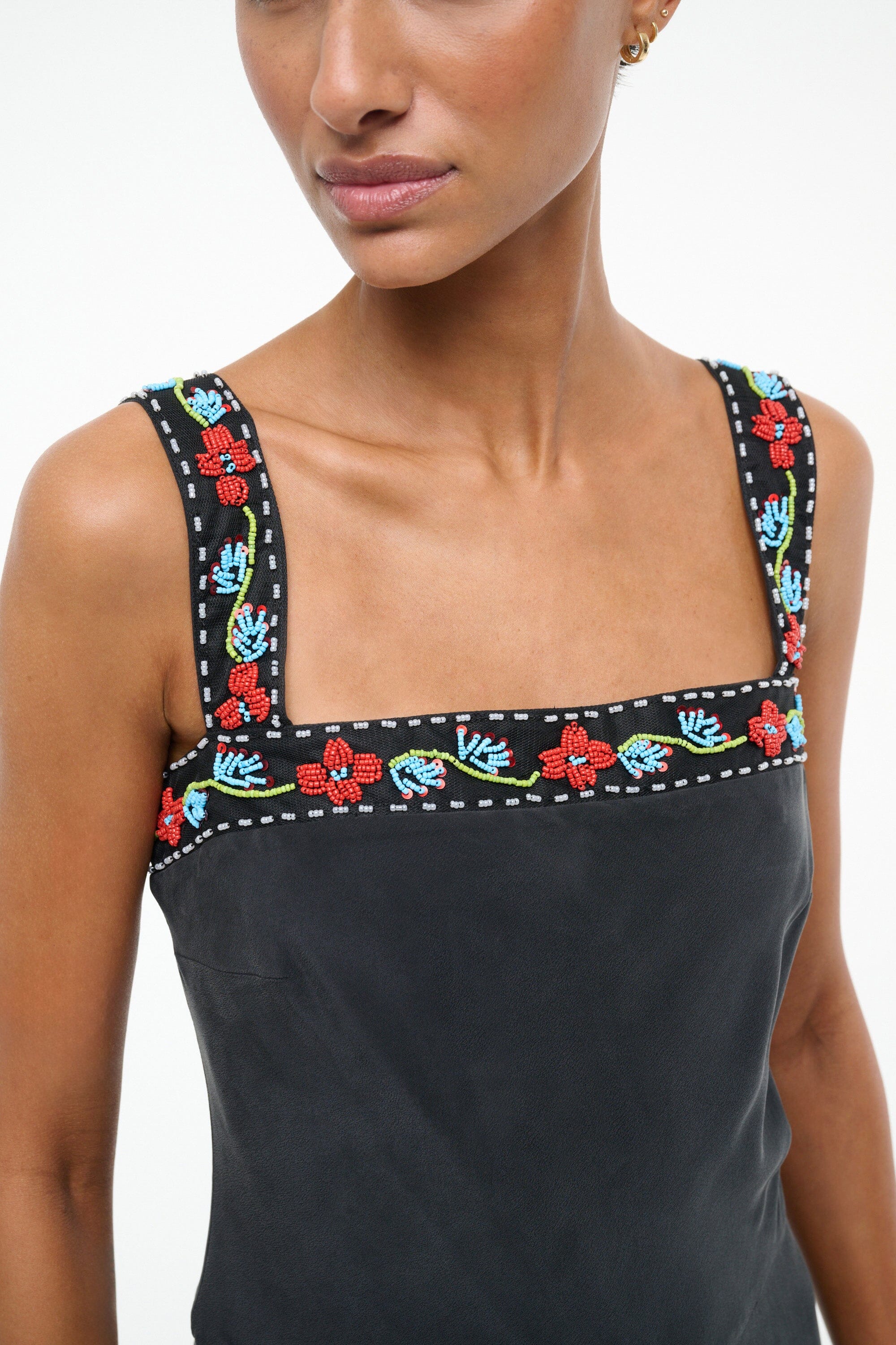 Veronica Black Silk Romper with Beaded Lace Trim