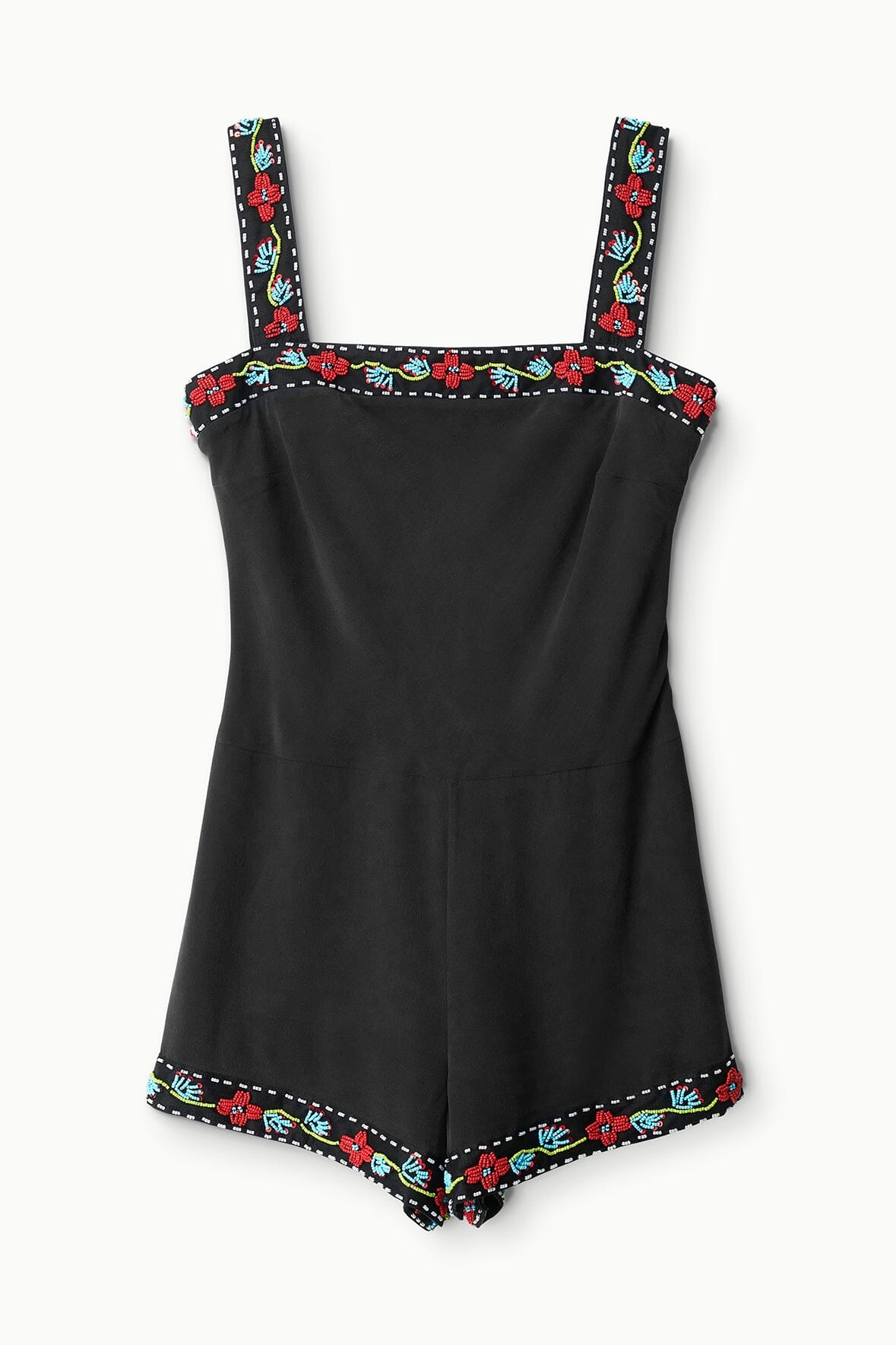 Veronica Black Silk Romper with Beaded Lace Trim