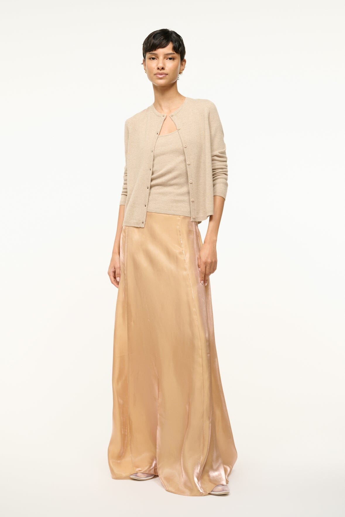 Vincenzo Rose Gold Iridescent Organza Maxi Skirt