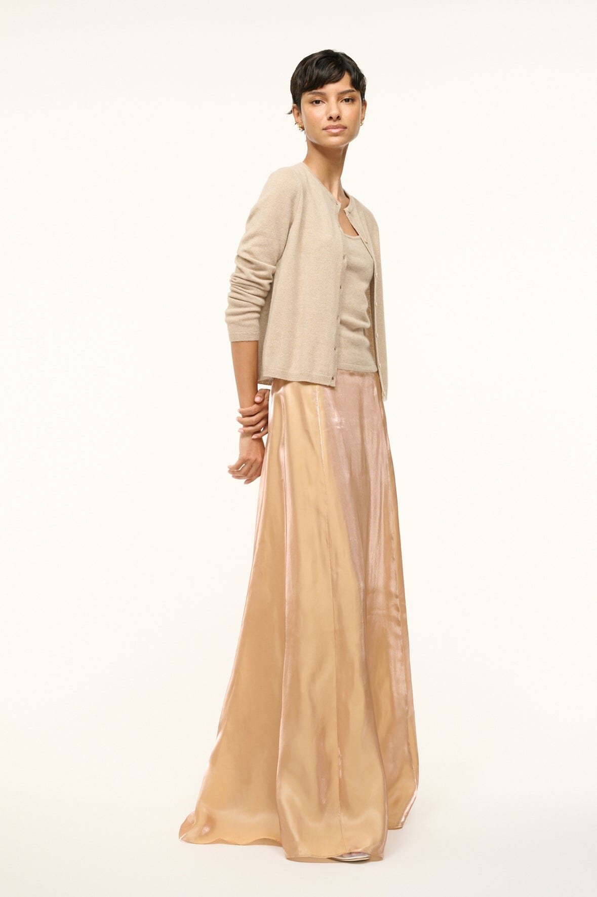 Vincenzo Rose Gold Iridescent Organza Maxi Skirt