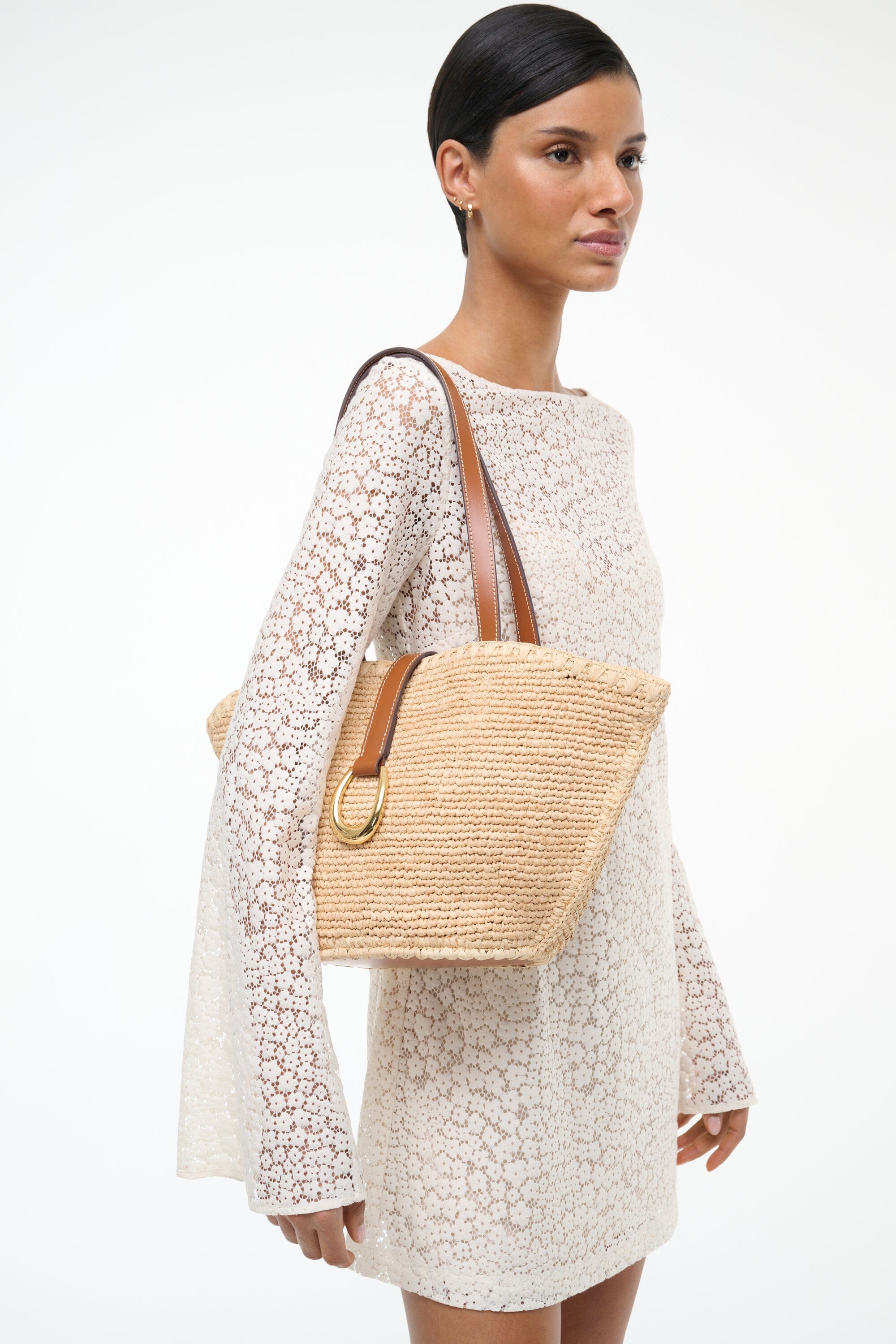 Natural Raffia Vista Tote Bag with Moon Hardware Closure