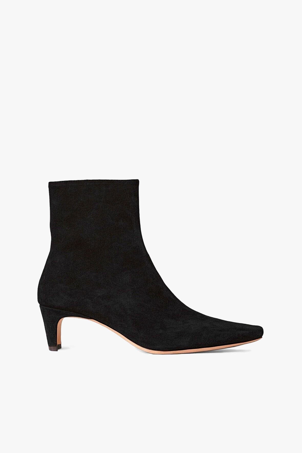 Wally Black Suede Ankle Boot with Side Zip & Blade Heel
