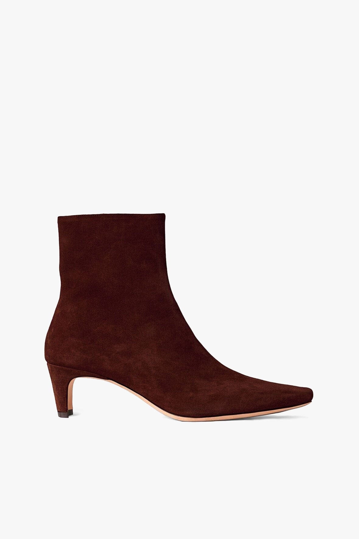 Wally Mahogany Suede Ankle Boot with Side Zip & Blade Heel