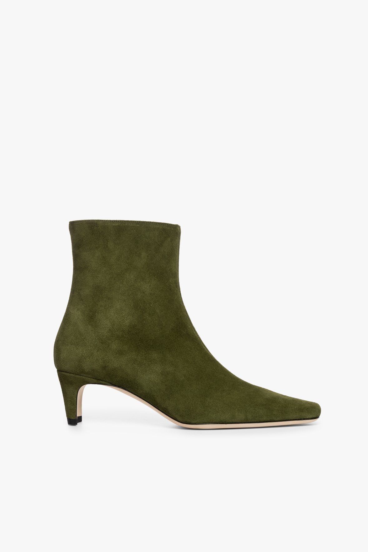 Wally Olive Suede Ankle Boot with Side Zip & Blade Heel