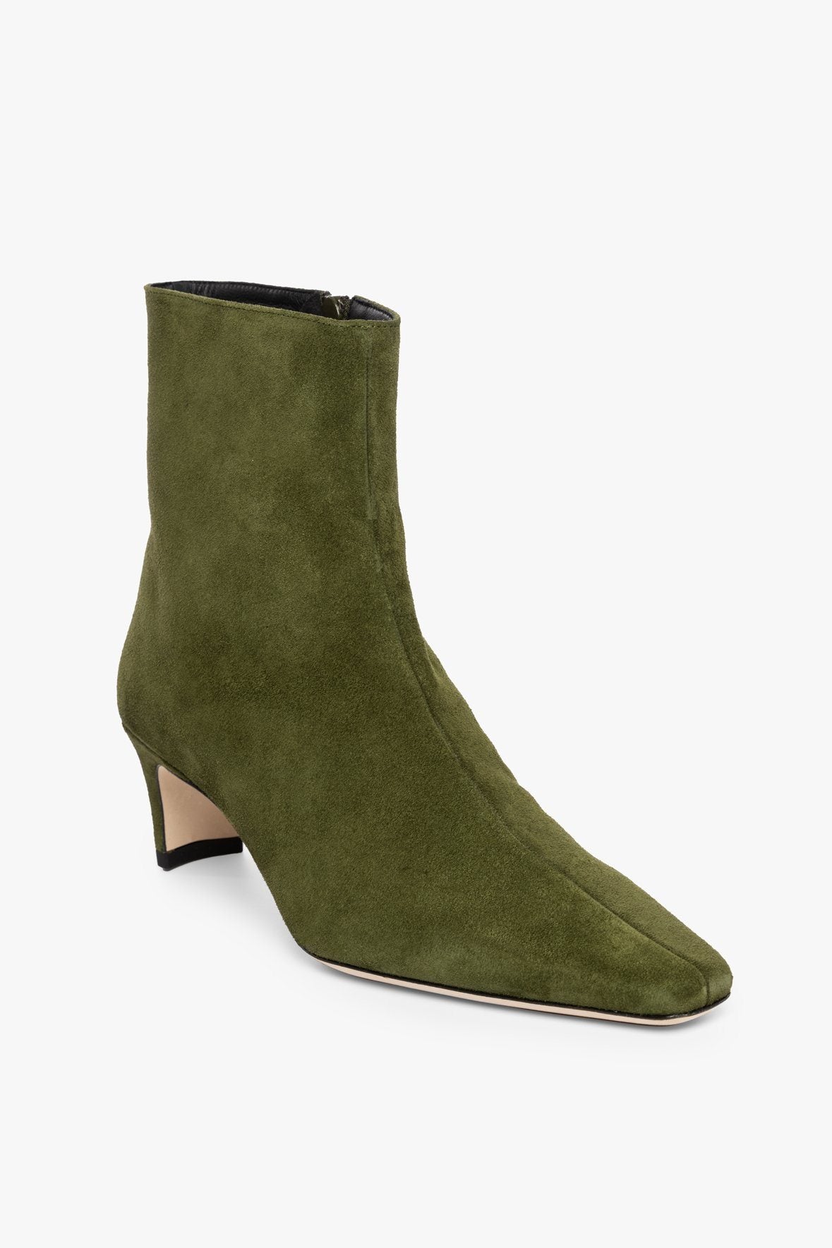 Wally Olive Suede Ankle Boot with Side Zip & Blade Heel
