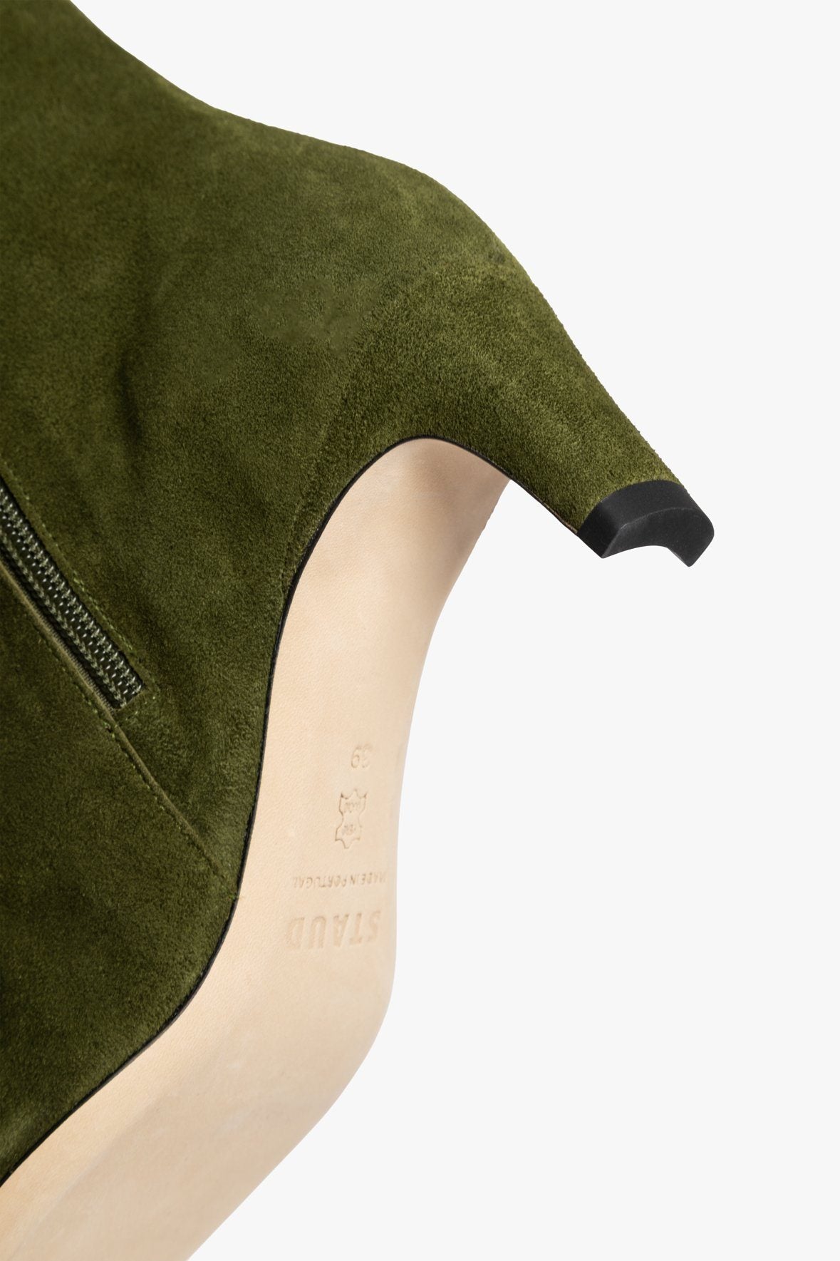 Wally Olive Suede Ankle Boot with Side Zip & Blade Heel