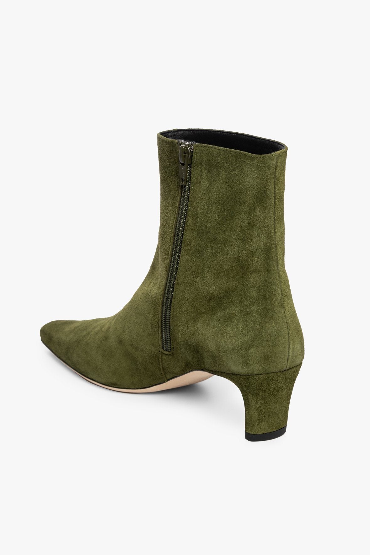 Wally Olive Suede Ankle Boot with Side Zip & Blade Heel